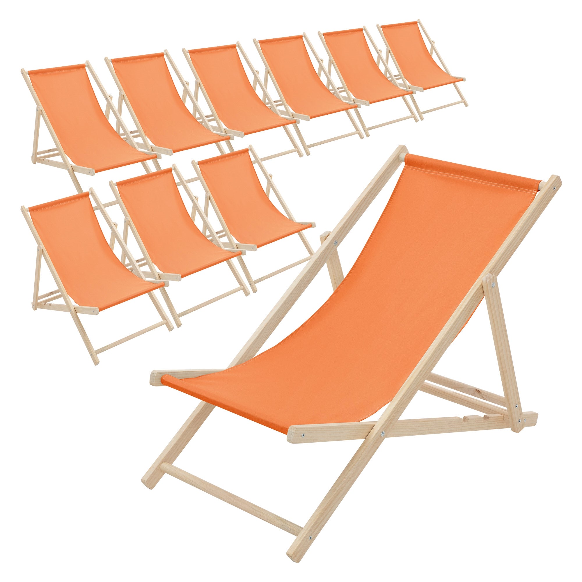 Ti orange liggestole på en hvid baggrund.