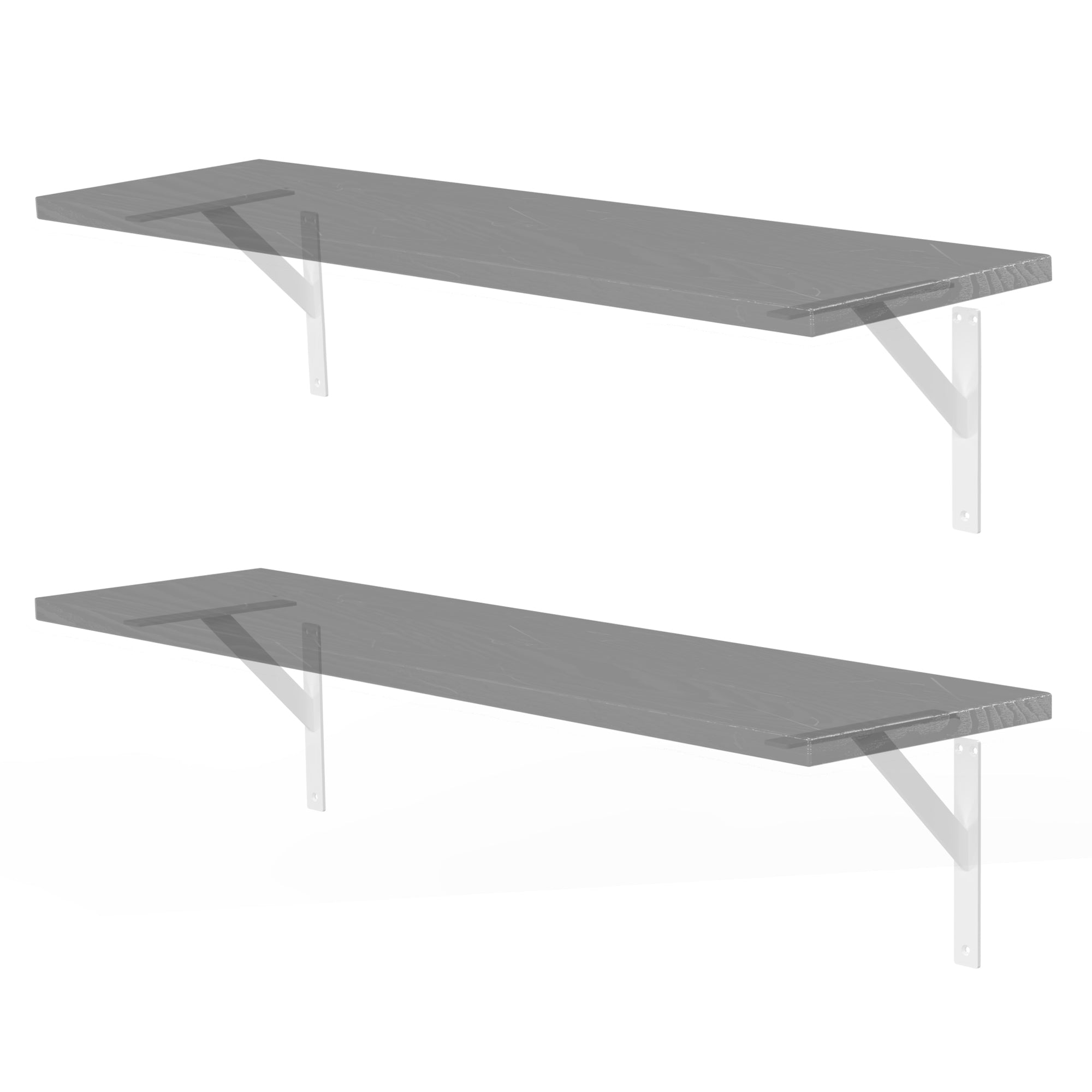 Deux étagères grises avec des supports transparents sur un mur.