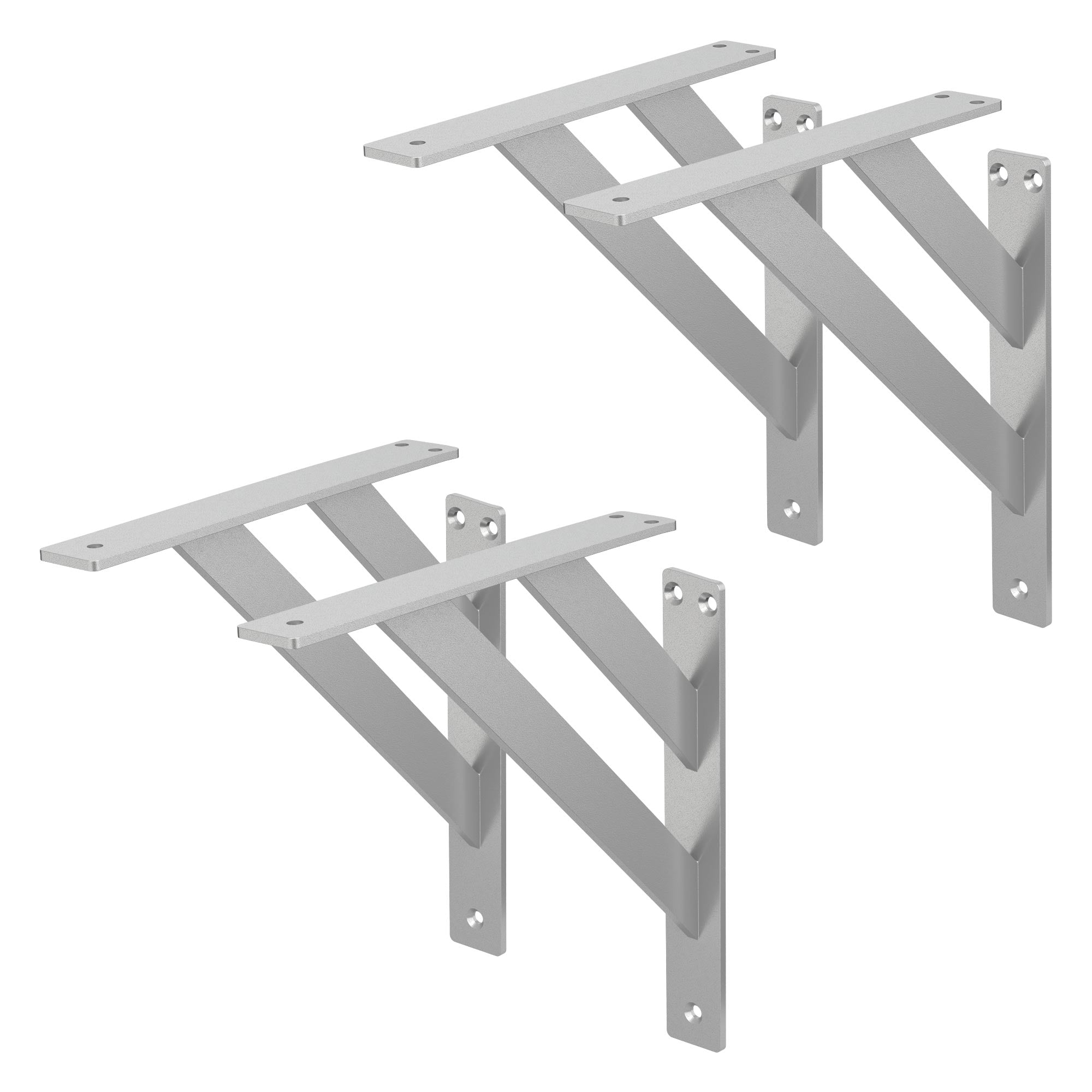 Deux supports muraux en métal en forme de V, de couleur argent.