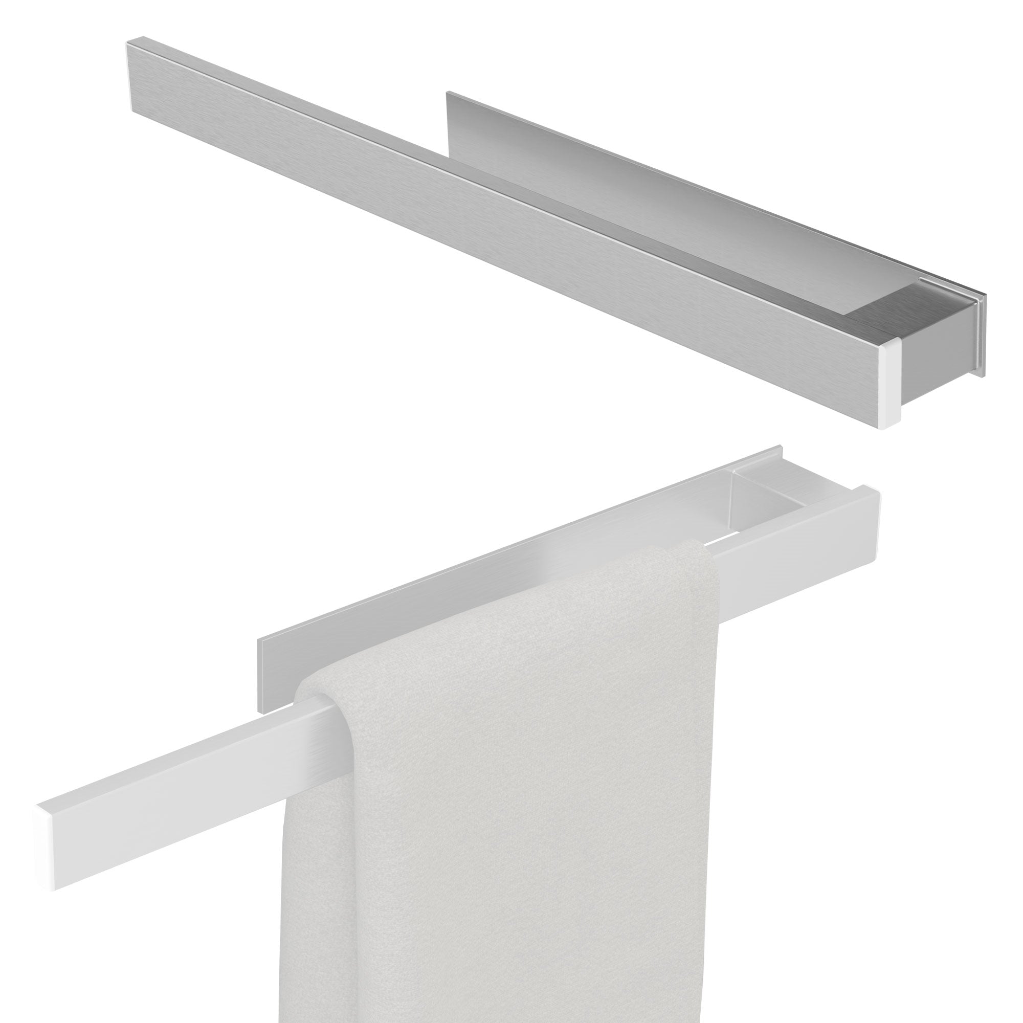 Zwei Handtuchhalter aus Aluminium, einer montiert, einer im Bild.
