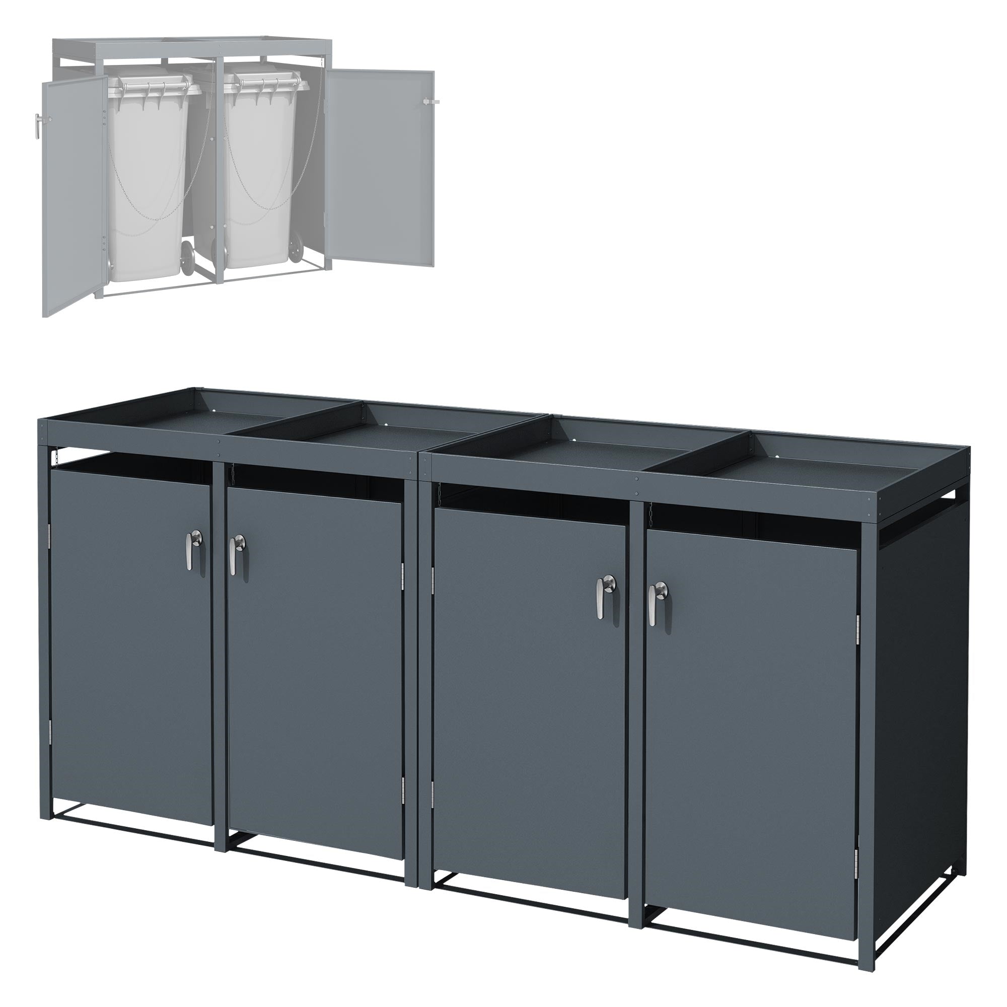Waste separation system with four compartments and closed doors.