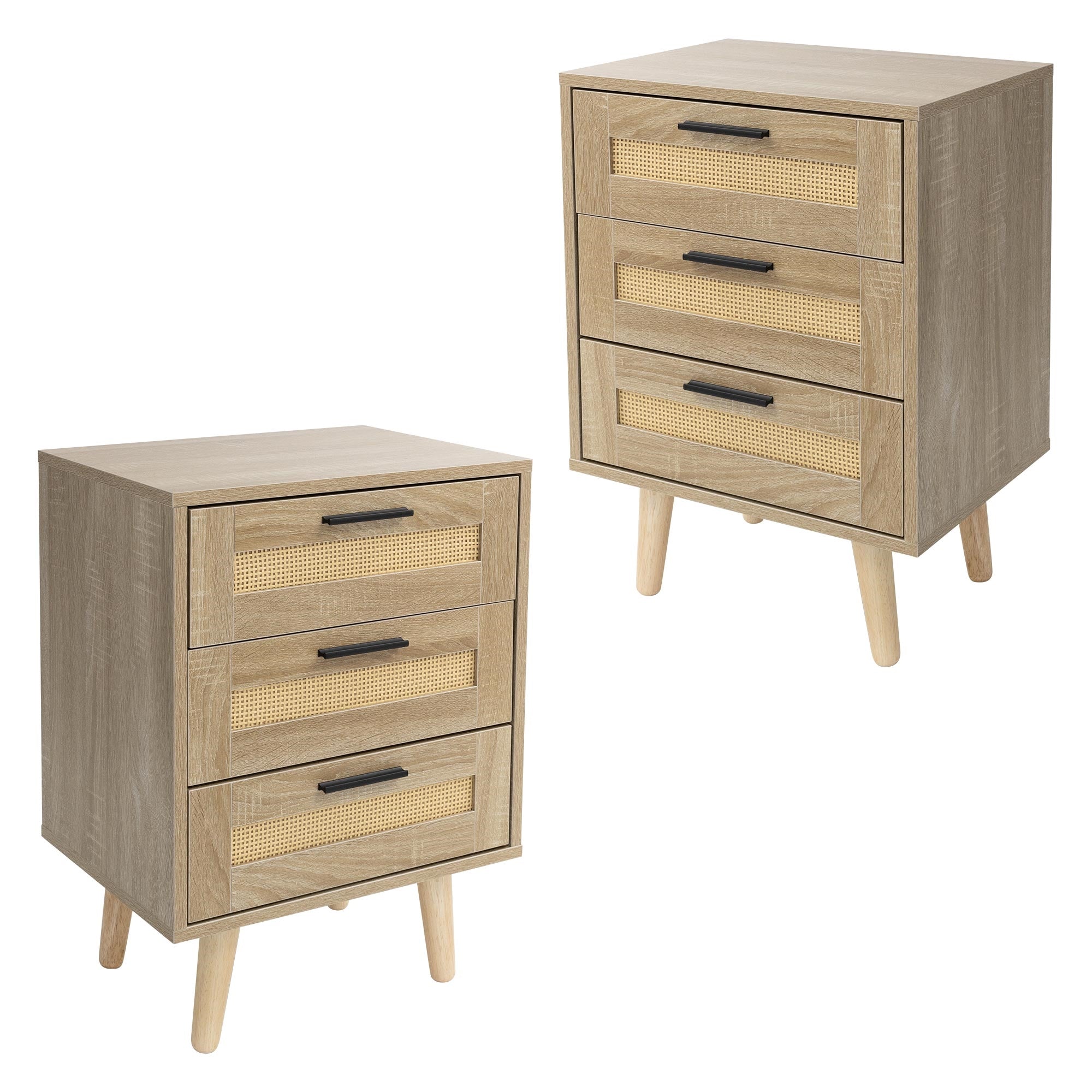 Two nightstands with three drawers and wooden legs.