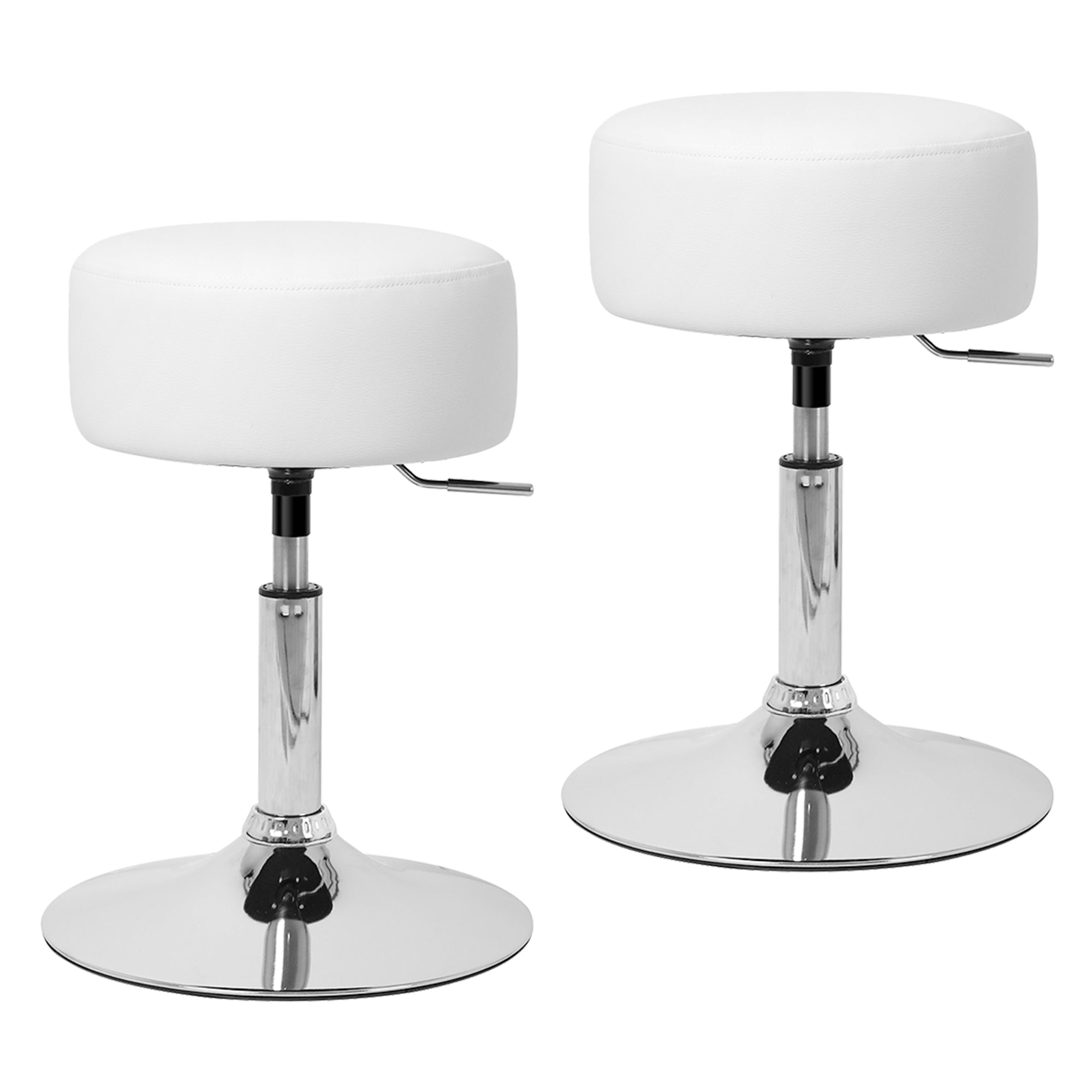 Deux tabourets de bar blancs avec hauteur réglable.