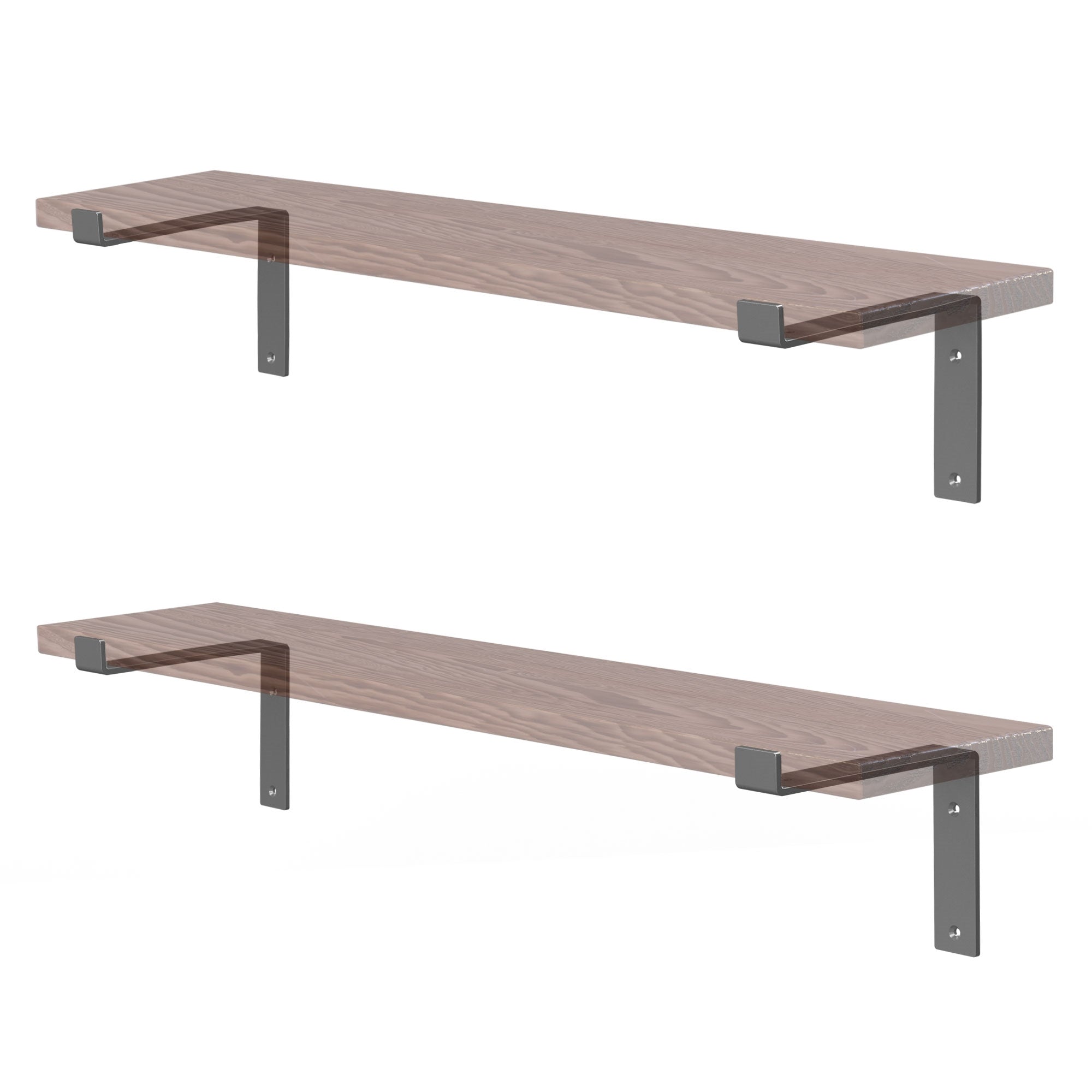 Zwei Wandregale aus Holz mit Metallhaltern, eines darüber, eines darunter.