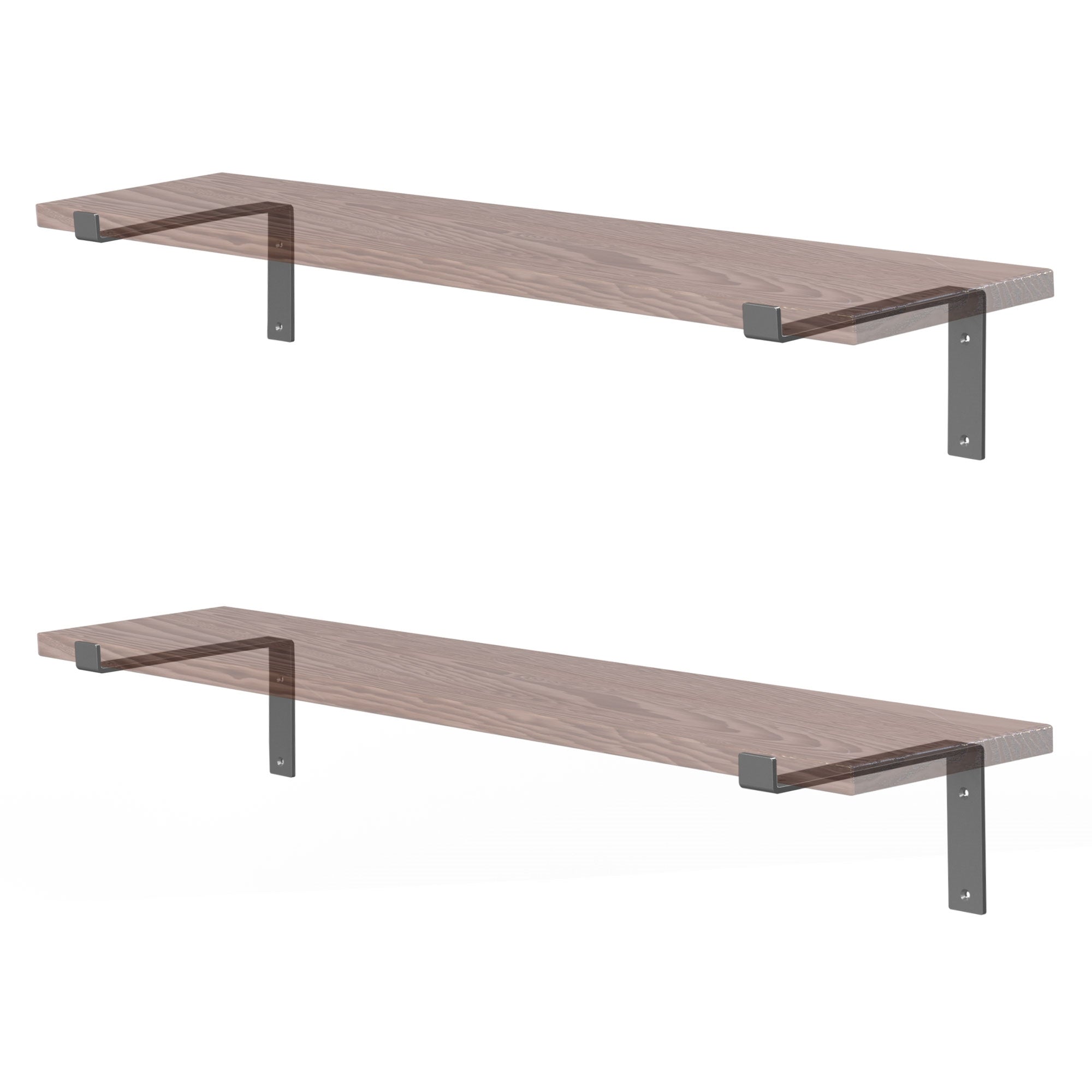 Zwei Wandregale aus Holz mit Metallhaltern, eines oben und eines unten.