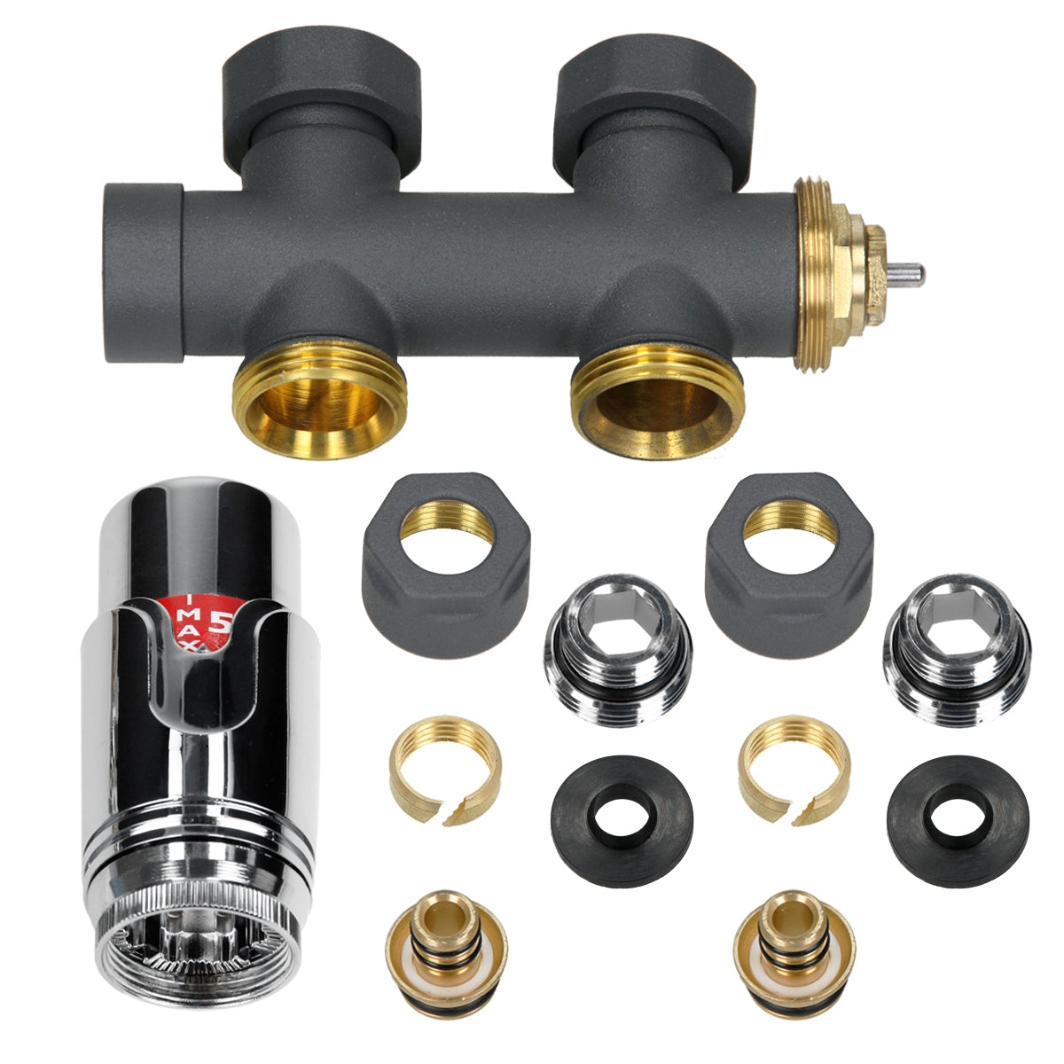 Various sanitary parts and accessories on a white background.