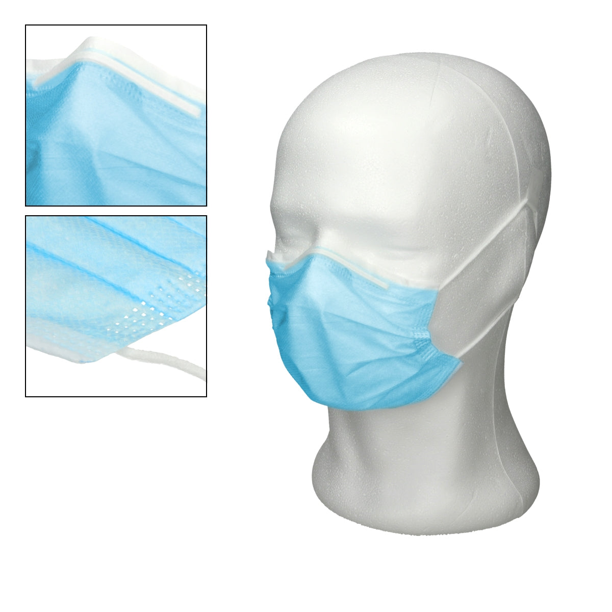 Ein weißer Kopf mit einer blauen Mund-Nasen-Maske.