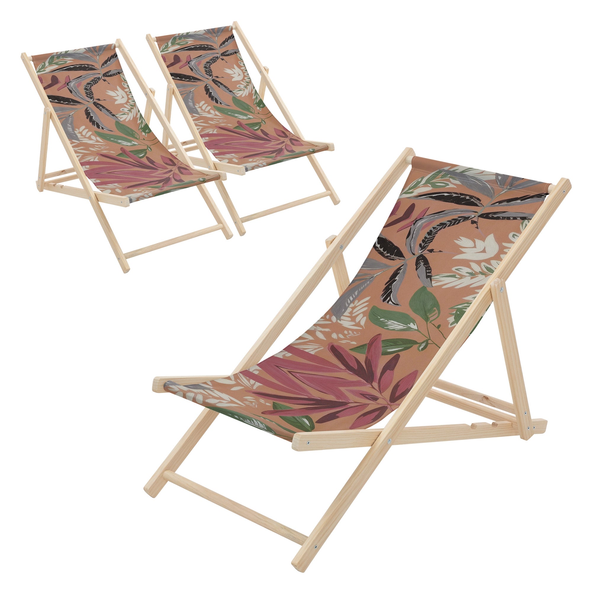Two lounge chairs with a colorful plant pattern on a wooden frame.