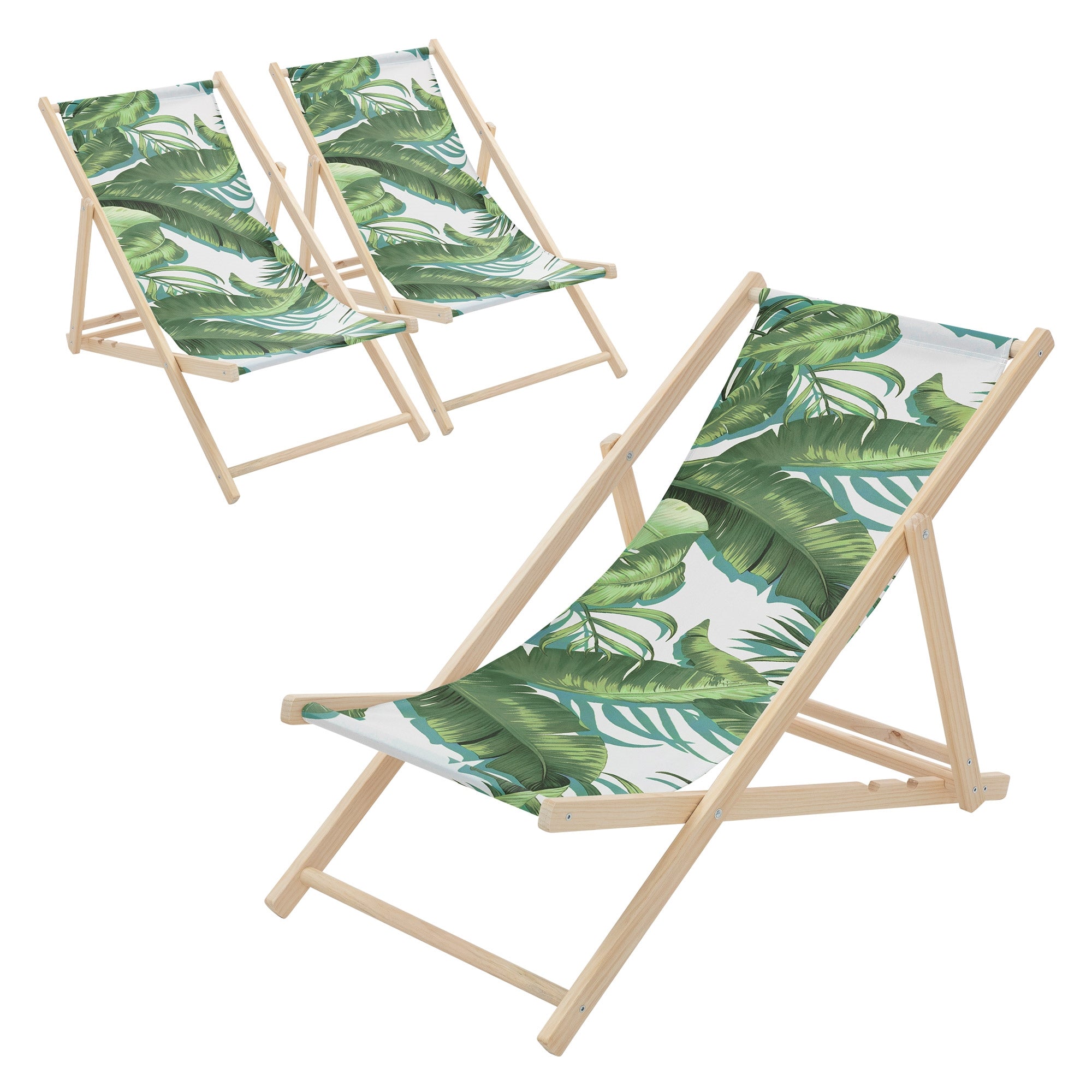 Three deck chairs with tropical leaf pattern on green fabric.