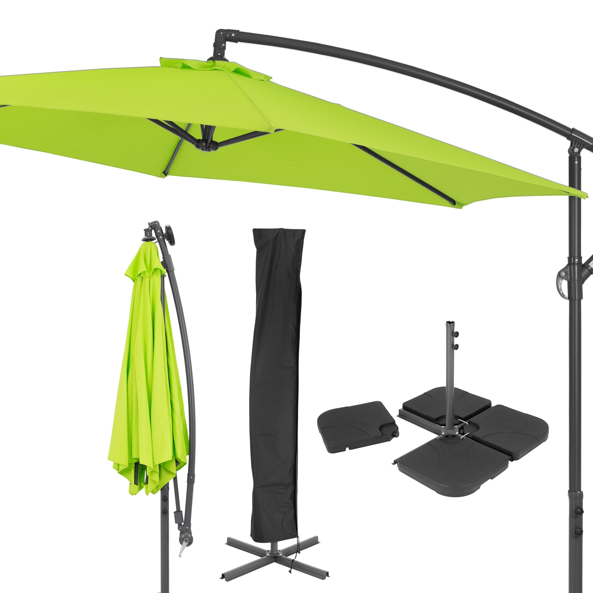 En parasol med grøn betræk og ramme, sammen med en parasolstand.