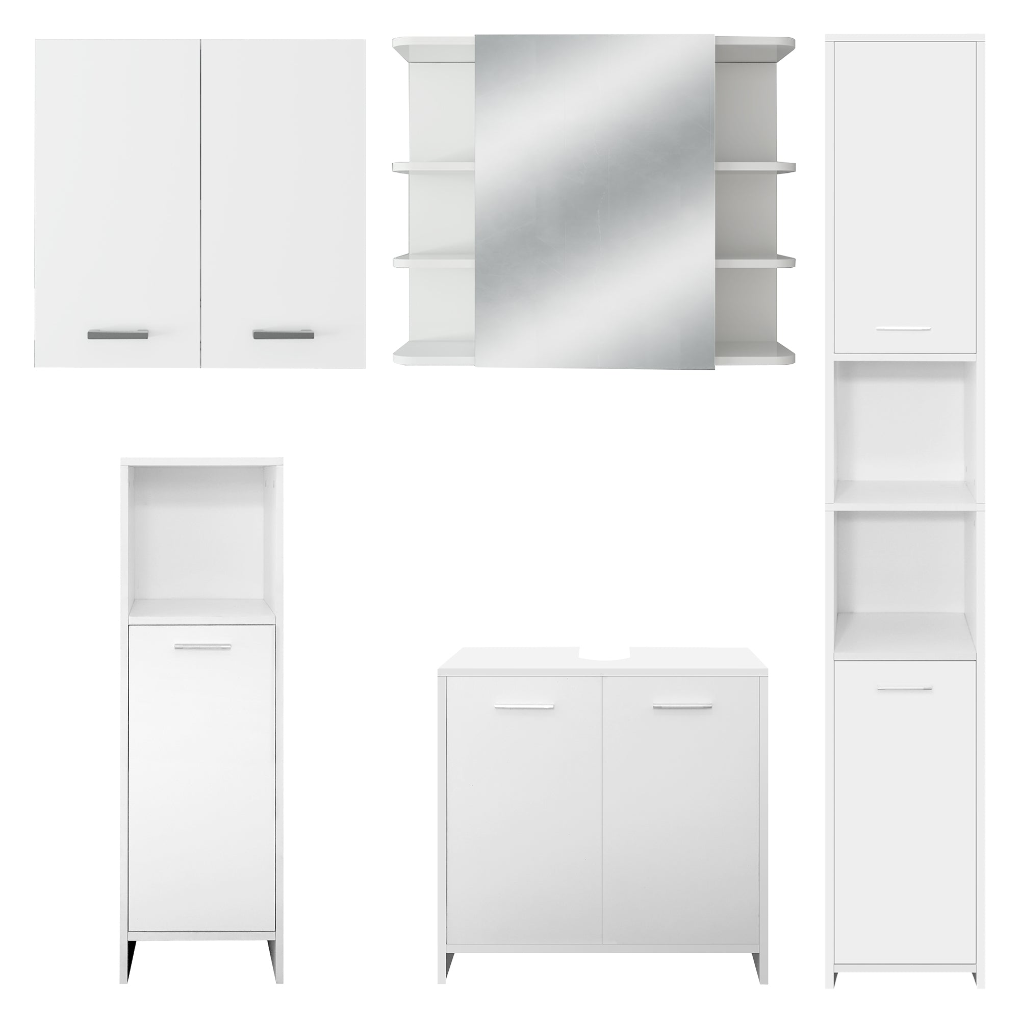 Ein weißer Schrank mit Spiegel, Regalen und einer Schublade.