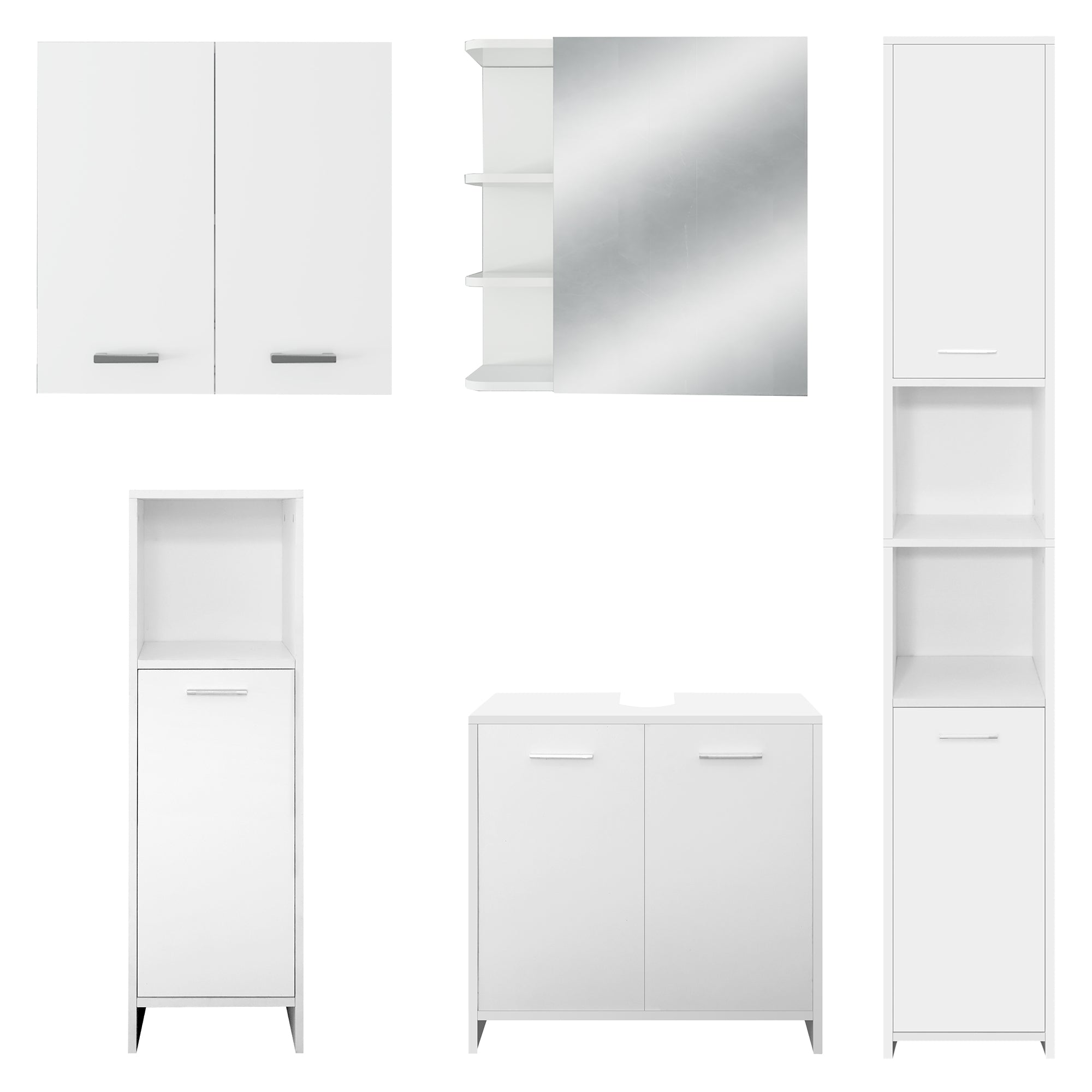Ein weißer Schrank mit Spiegel, Regalen und zwei Schranktüren.