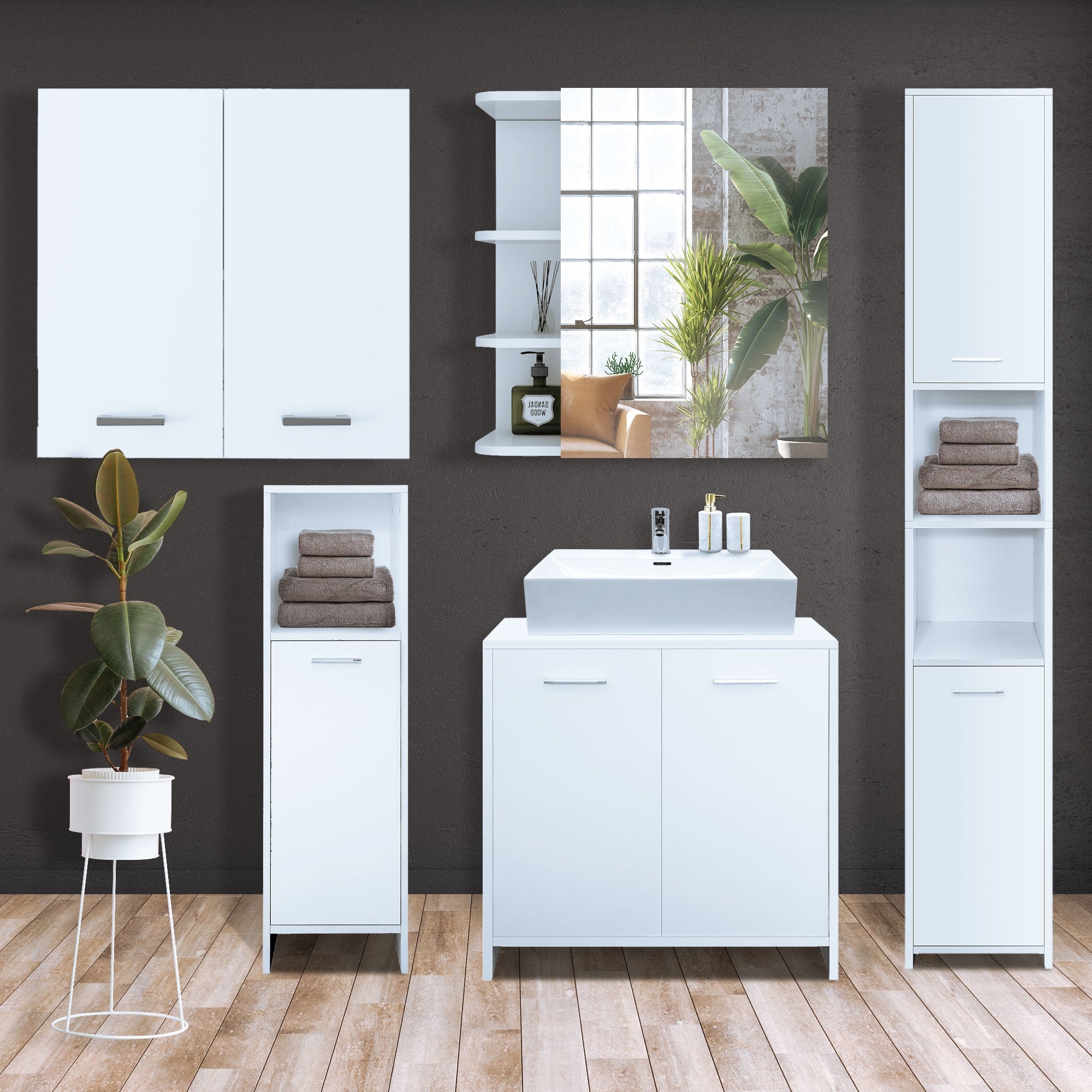 Badezimmermöbel mit Pflanzen, Handtüchern und einem Waschbecken in einem modernen Raum.