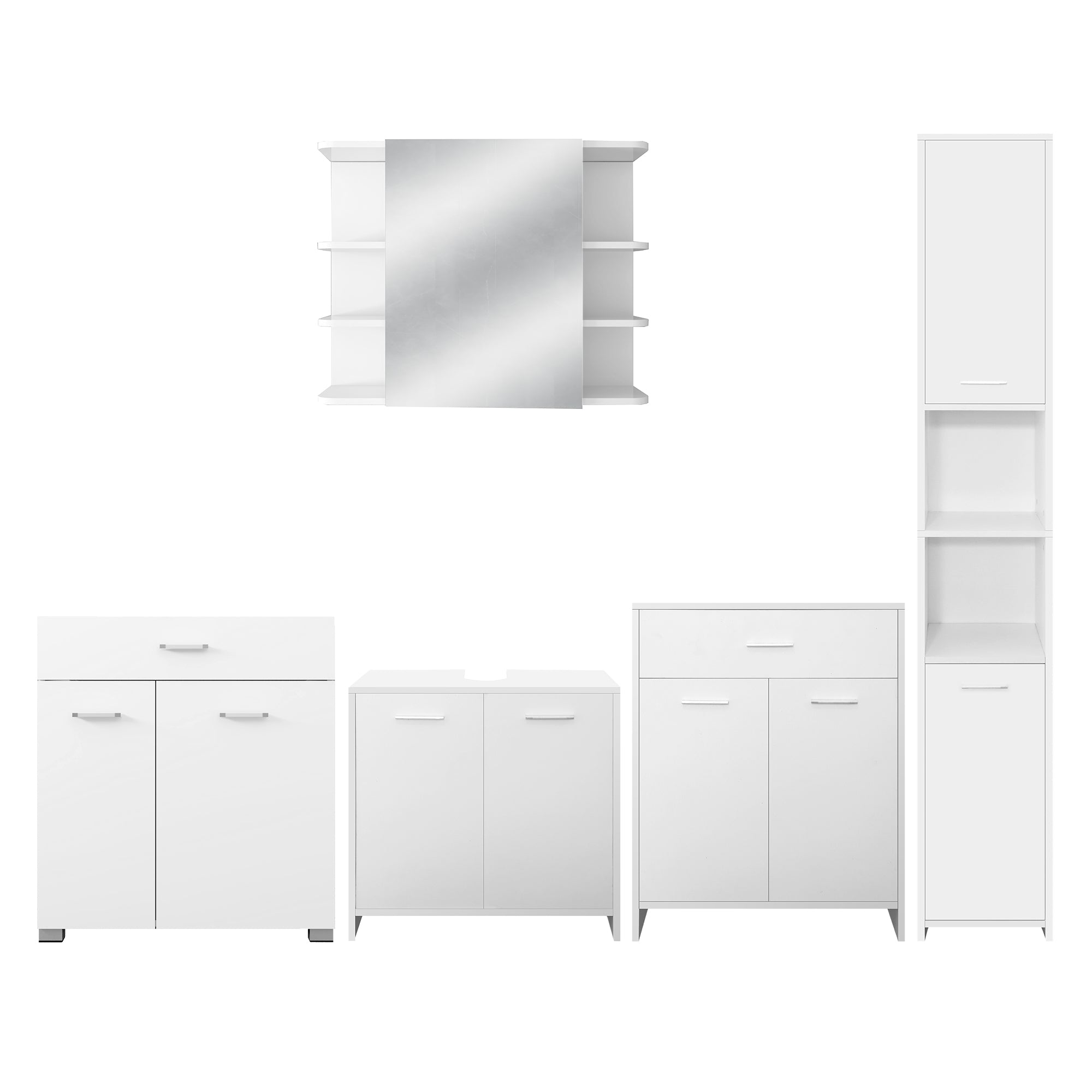 White furniture set with mirror and shelves on the wall.