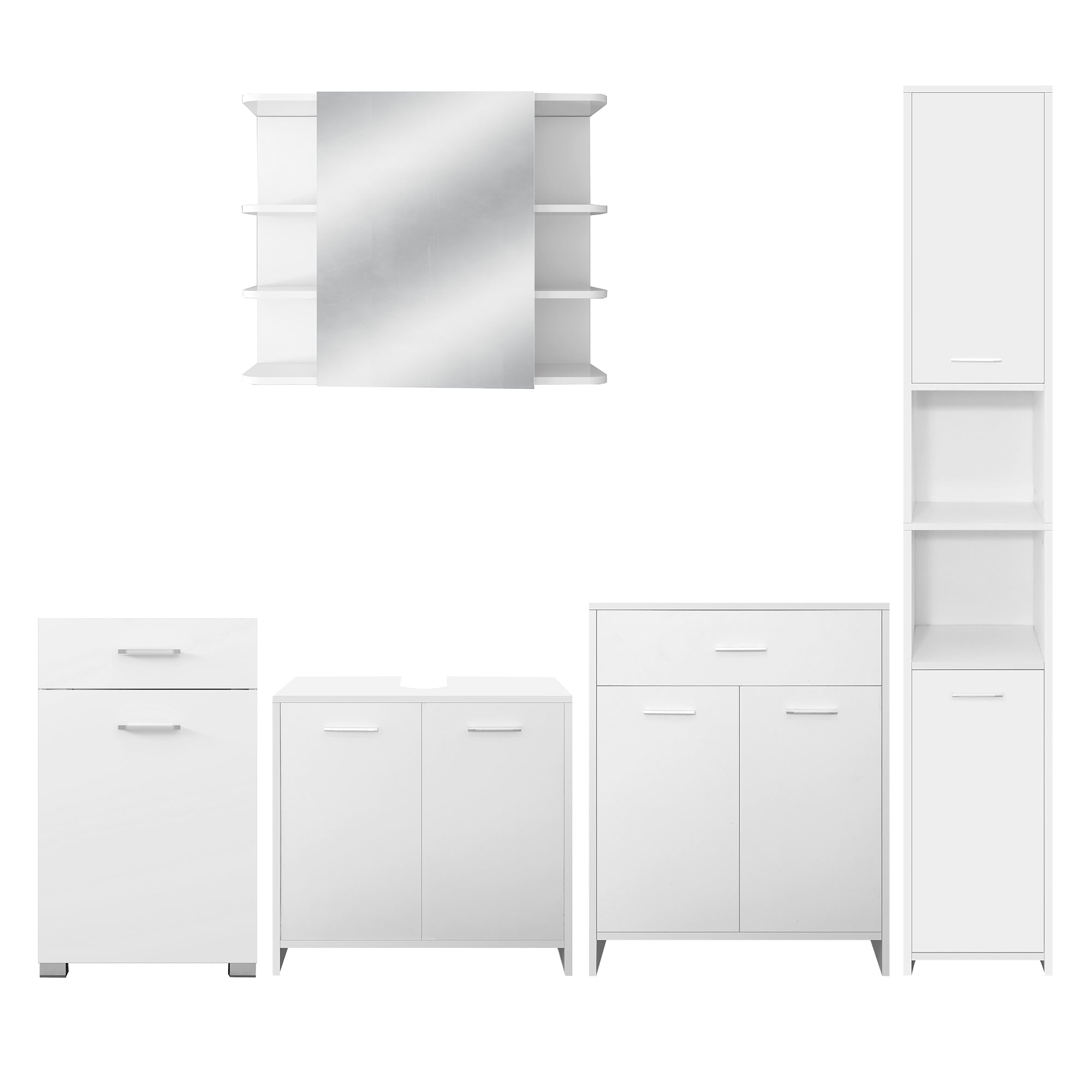 Furniture set in white with cabinets and a mirror, in a different arrangement.