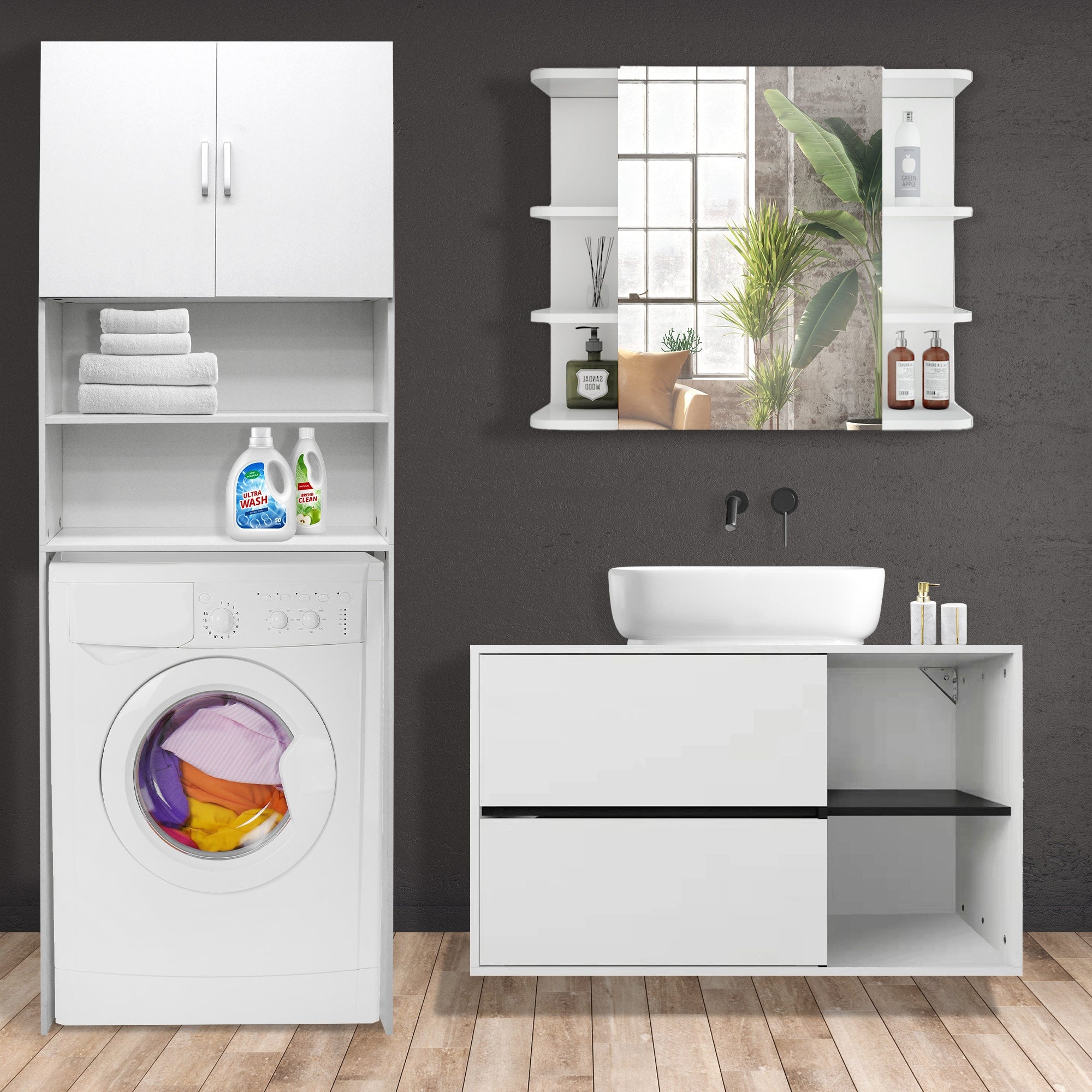 Muebles de baño con lavadora, espejo y plantas al fondo.