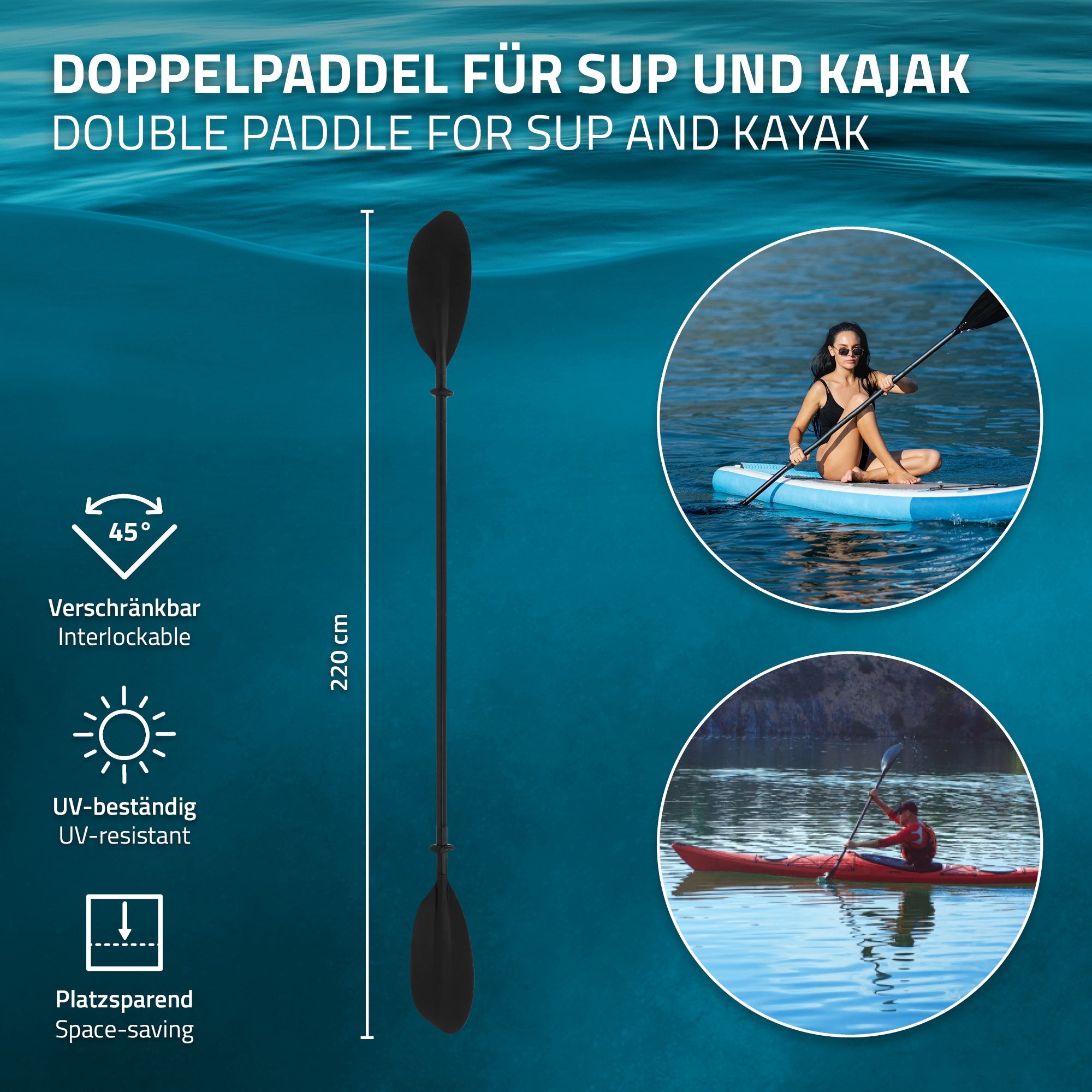 Pagaie double pour SUP et kayak, représentée dans l'eau avec une personne dans un kayak.
