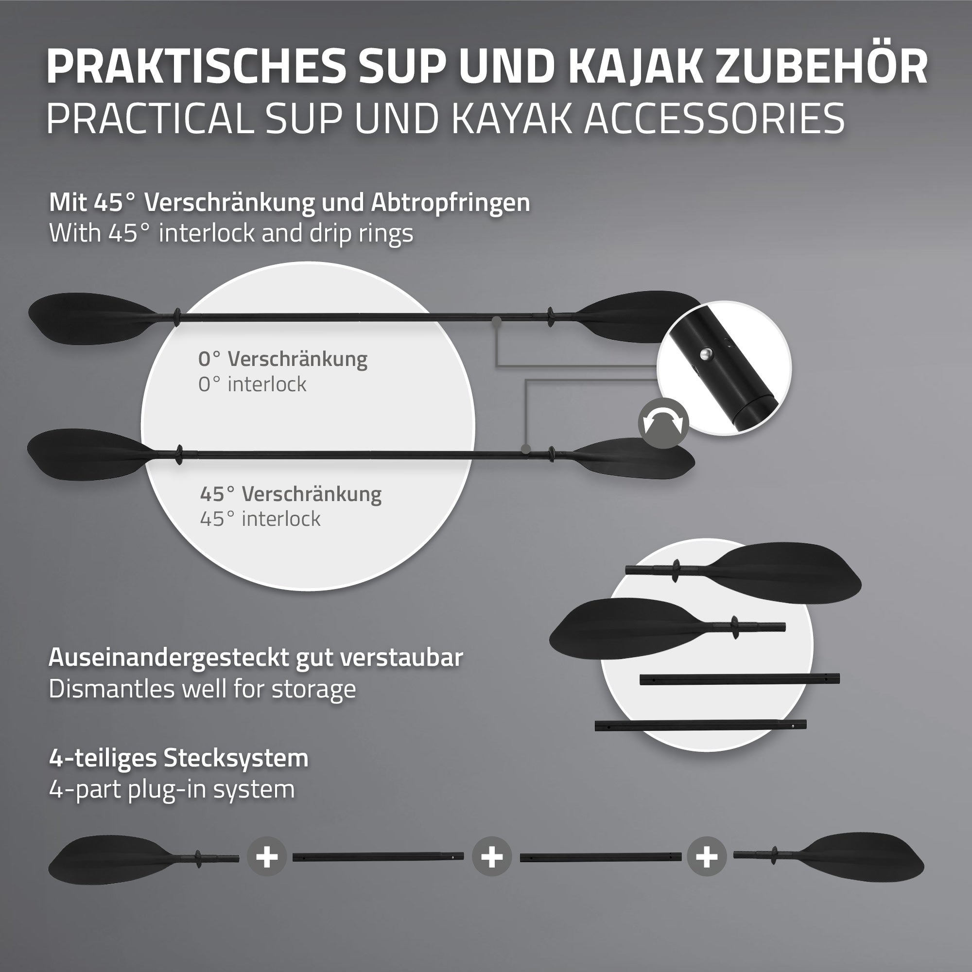 Graphique avec des informations sur une pagaie pour SUP et kayak, y compris des détails sur son utilisation.