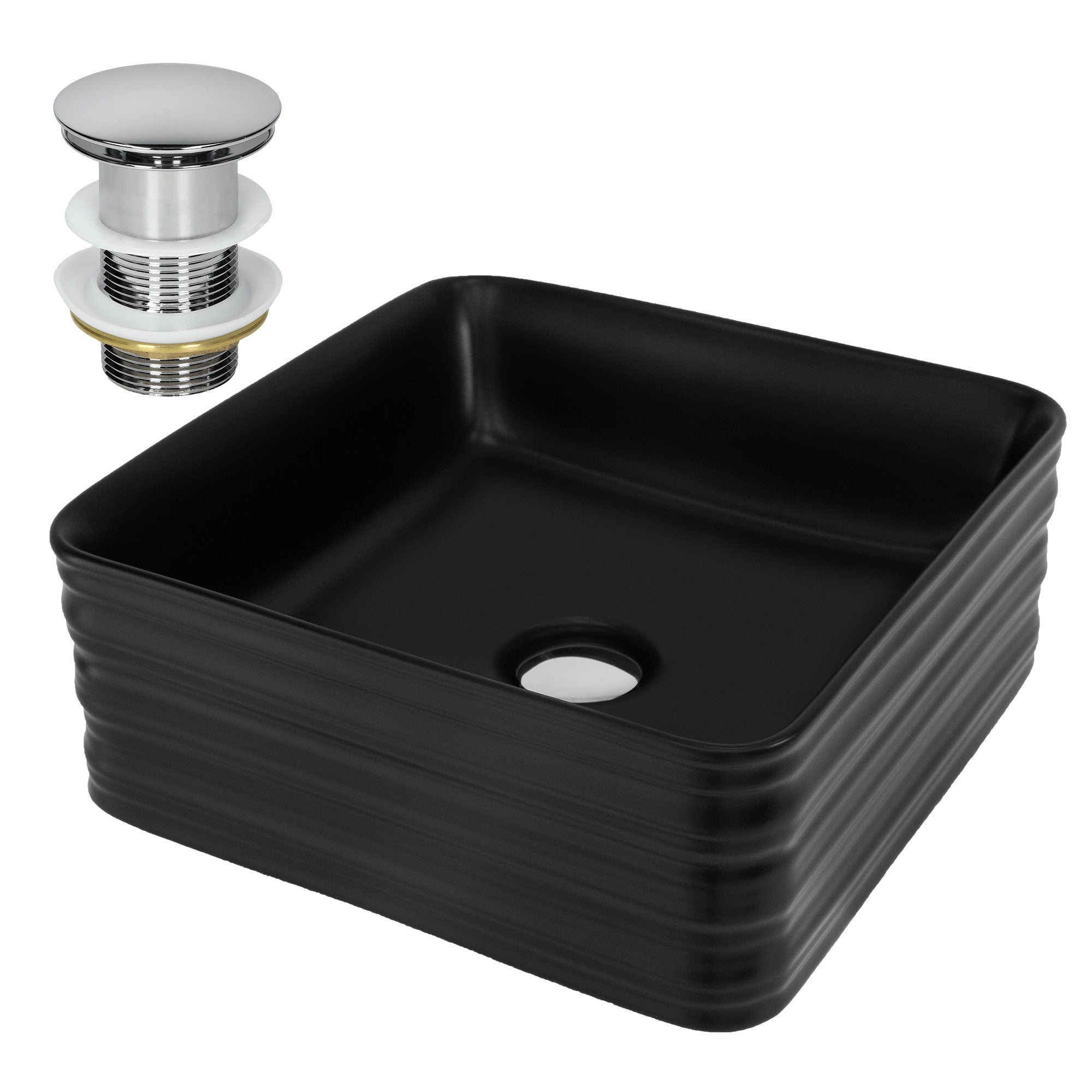 Black, square sink with silver drain plug.
