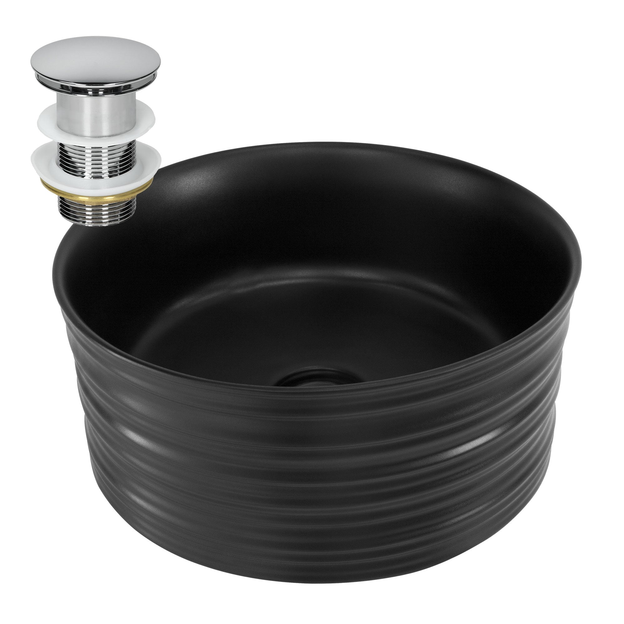 Schwarze, runde Waschschüssel mit gerilltem Design und Ablaufventil.