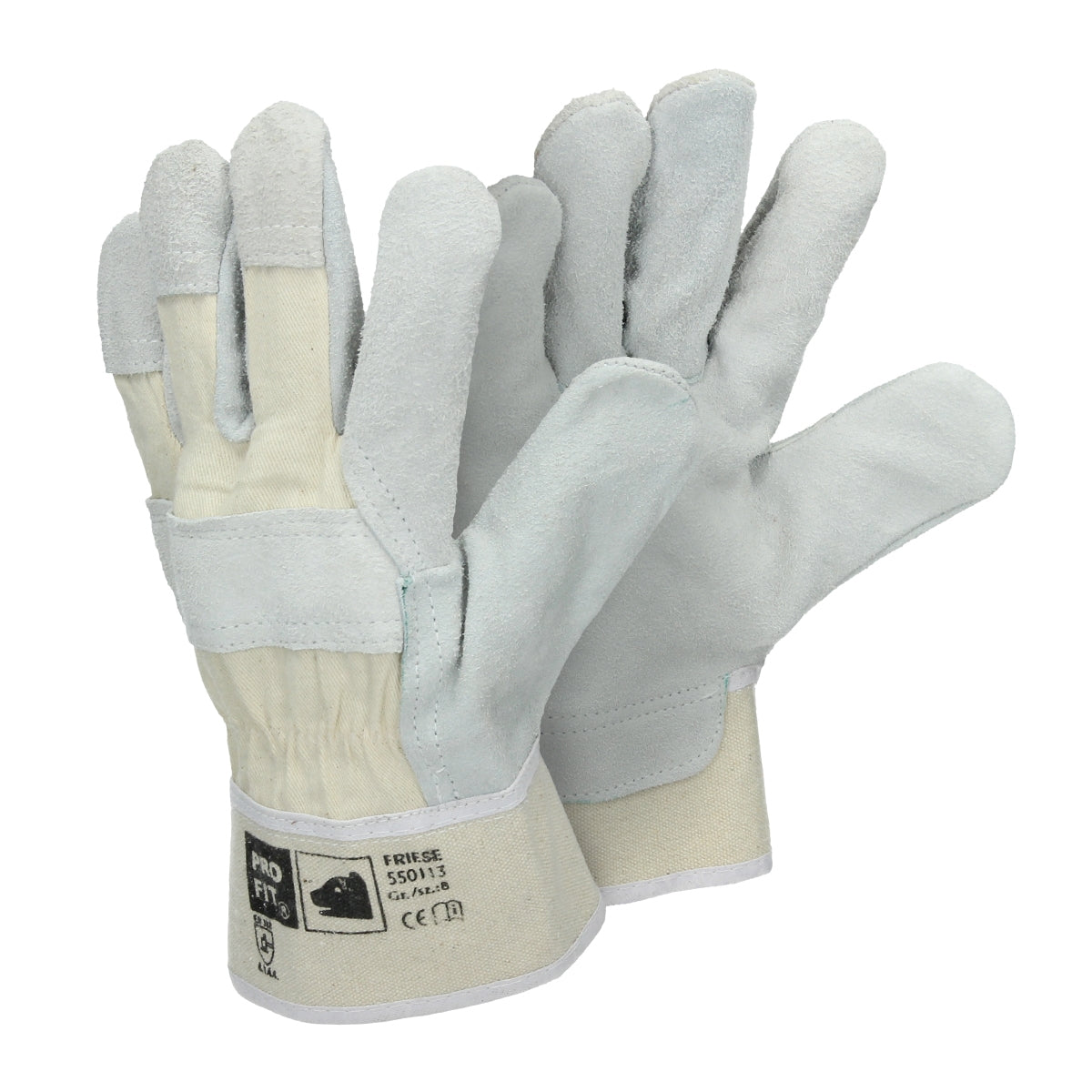 Une paire de gants de travail gris avec paumes renforcées et un poignet blanc.