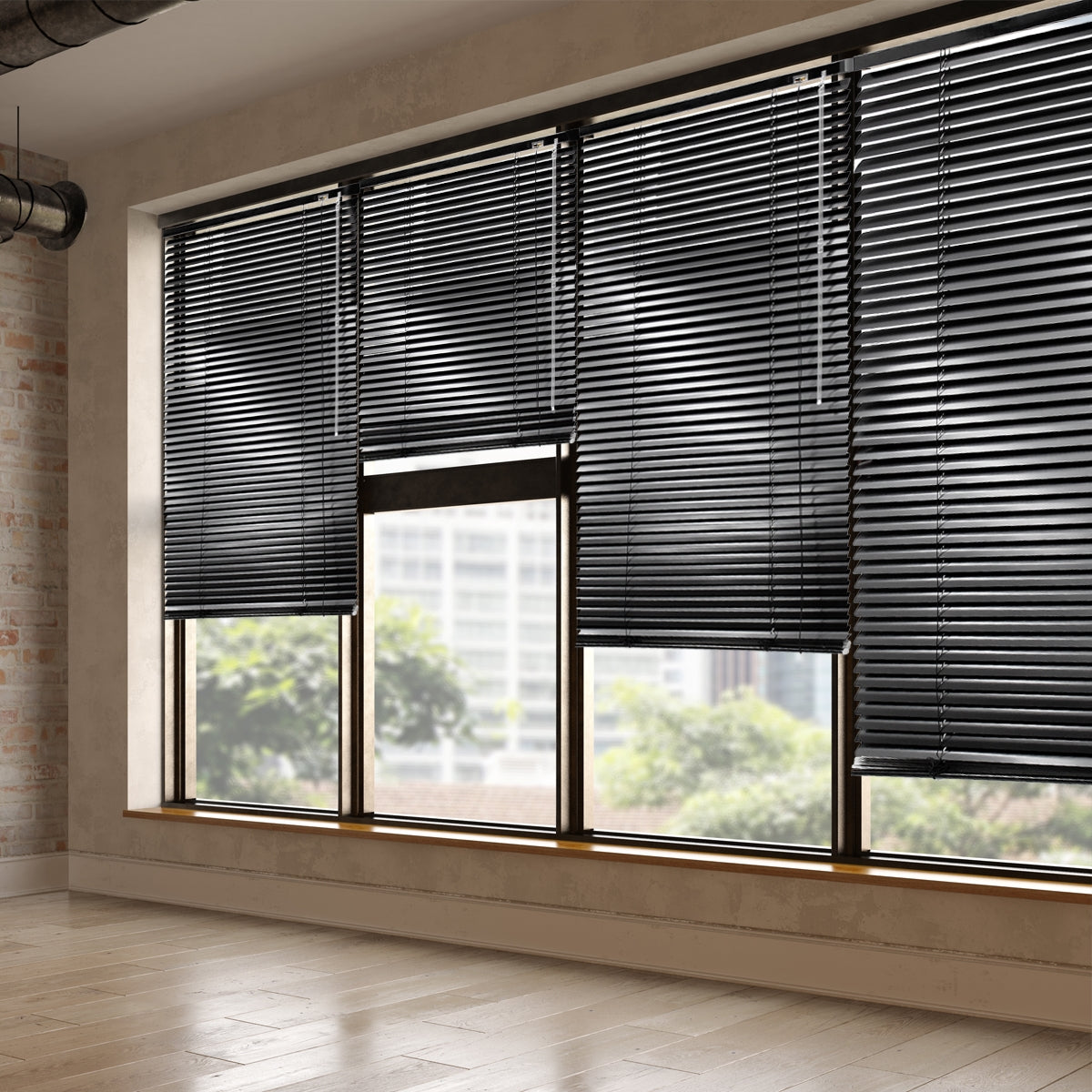 Black blinds in a window with a view of a cityscape.