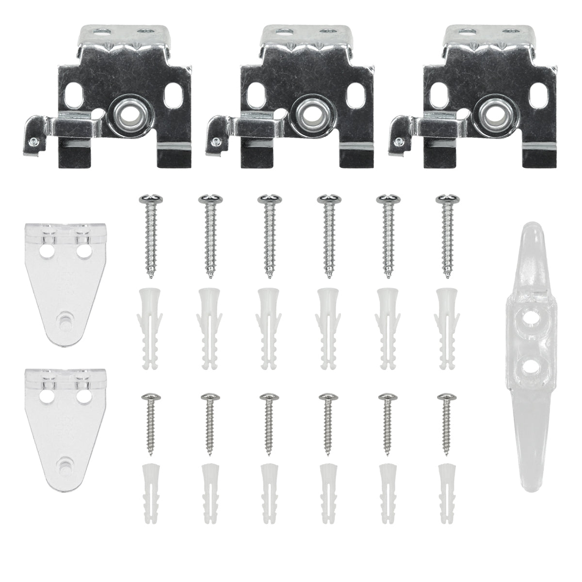 Fastening elements and screws in various sizes on a white background.