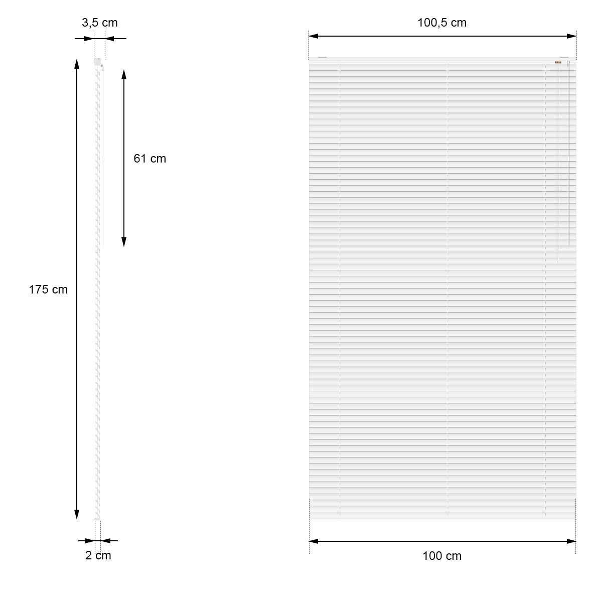 Maßzeichnung für eine Jalousie mit 100,5 cm Breite und 175 cm Höhe.