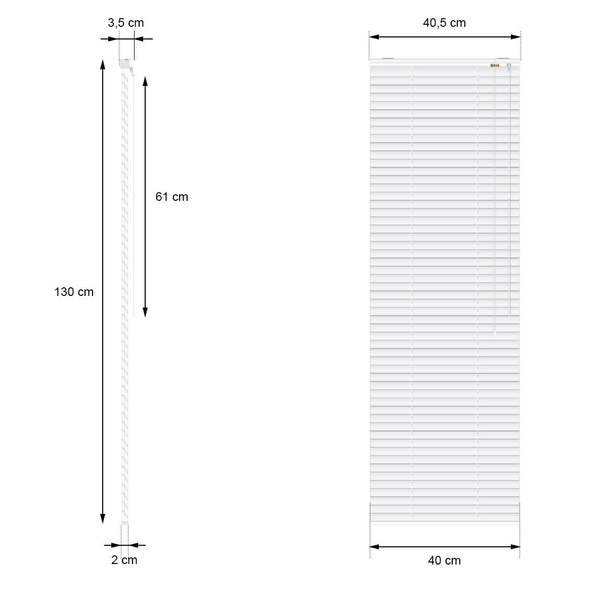 Måltegning for en persienne med 40,5 cm bredde og 130 cm højde.