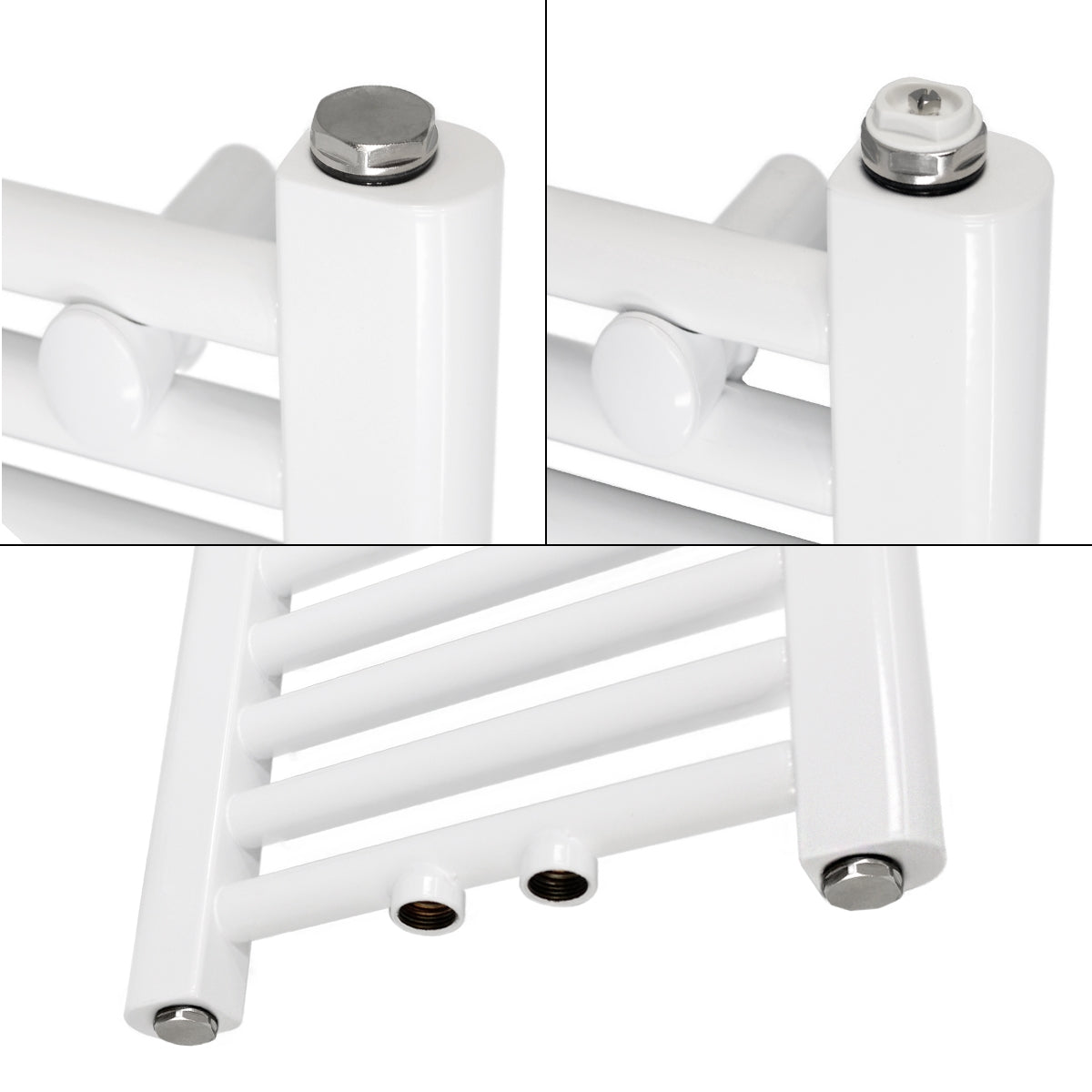 Vue de côté d'un radiateur blanc avec des points de connexion.