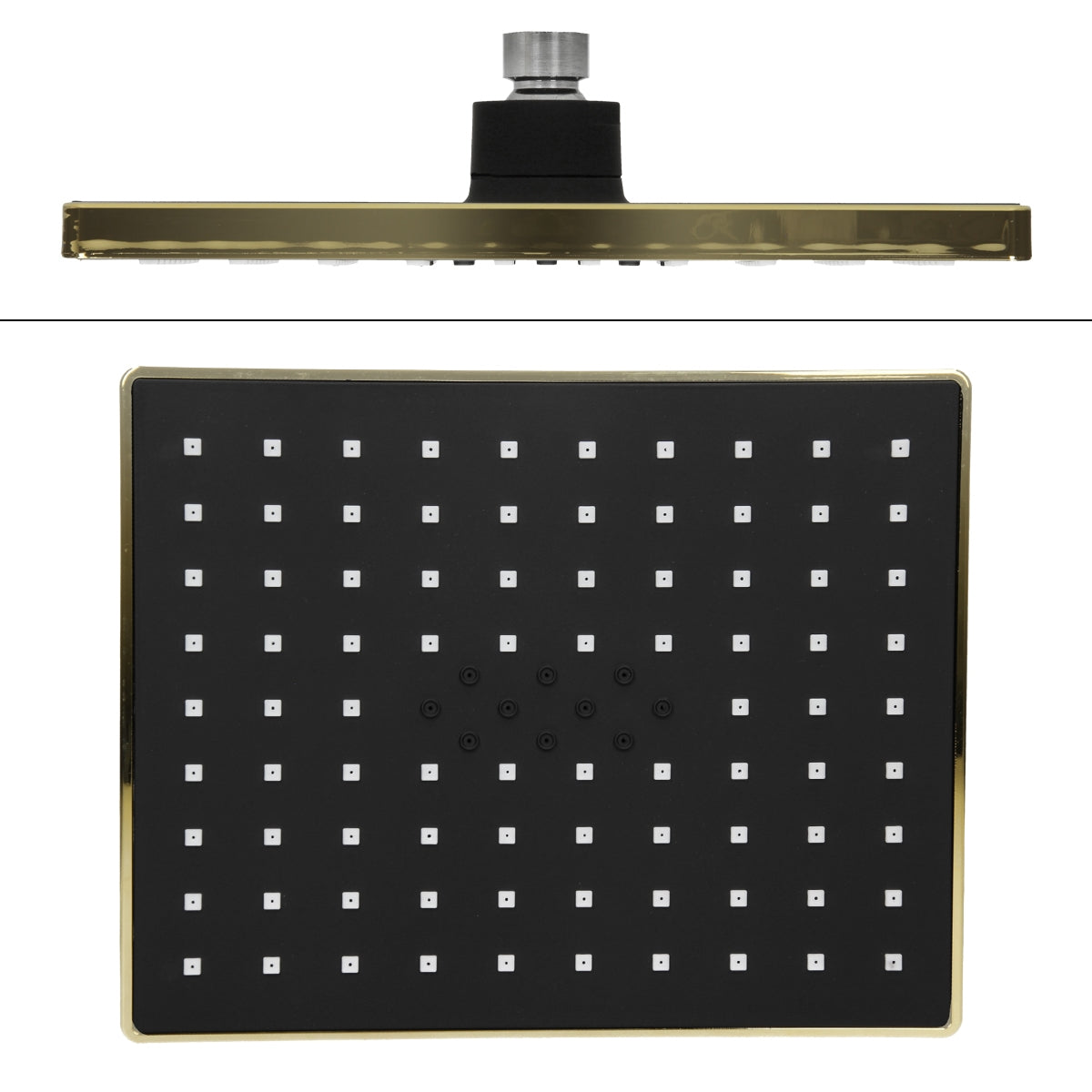 Duschkopf mit quadratischer, schwarzer Oberfläche und goldener Umrandung.