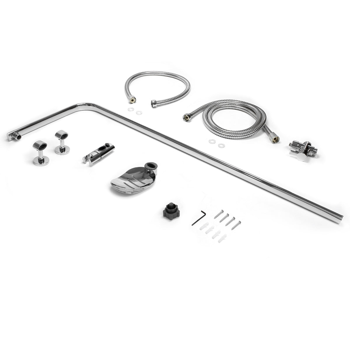 Kit de montage pour douche avec différents tuyaux et éléments de fixation.
