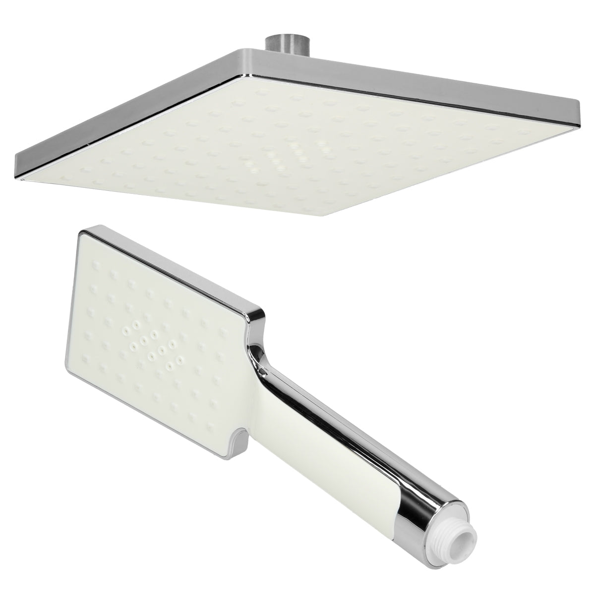 Shower head in chrome finish with square shape and many holes.