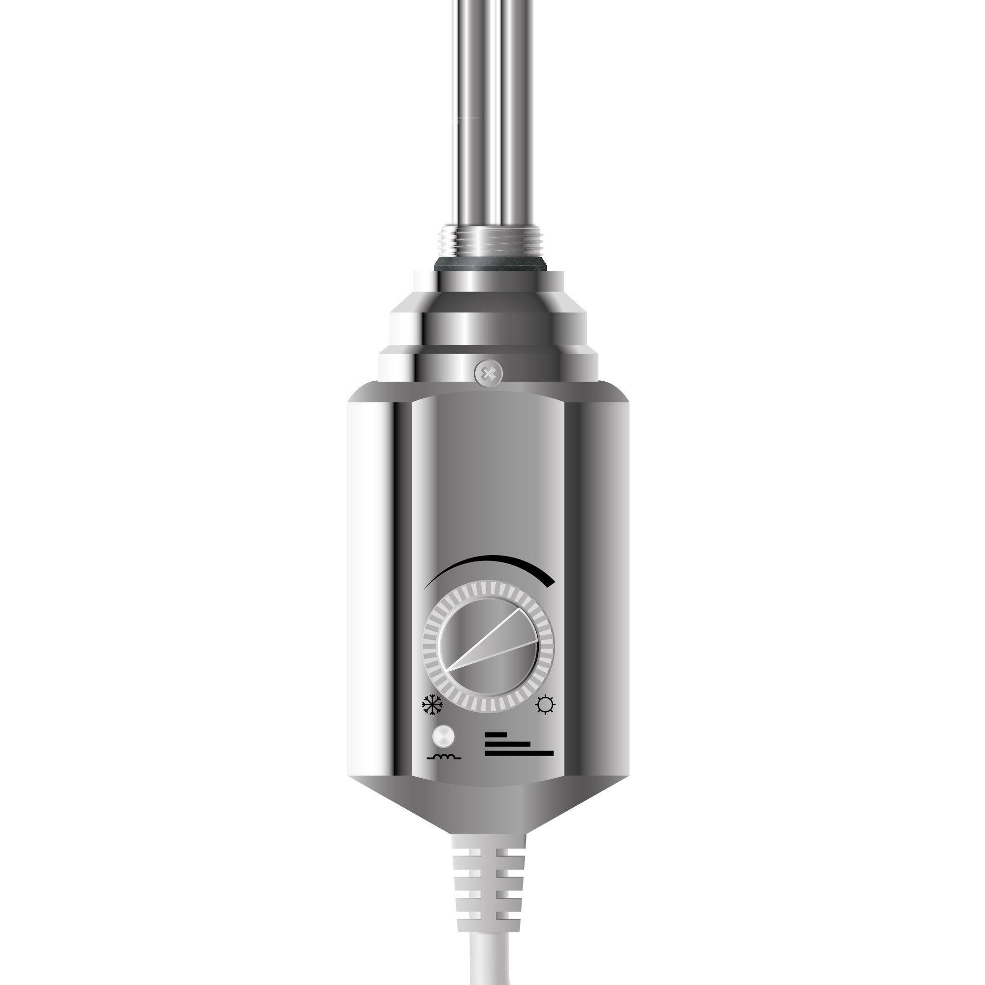 Close-up view of a chrome heating element with temperature control.