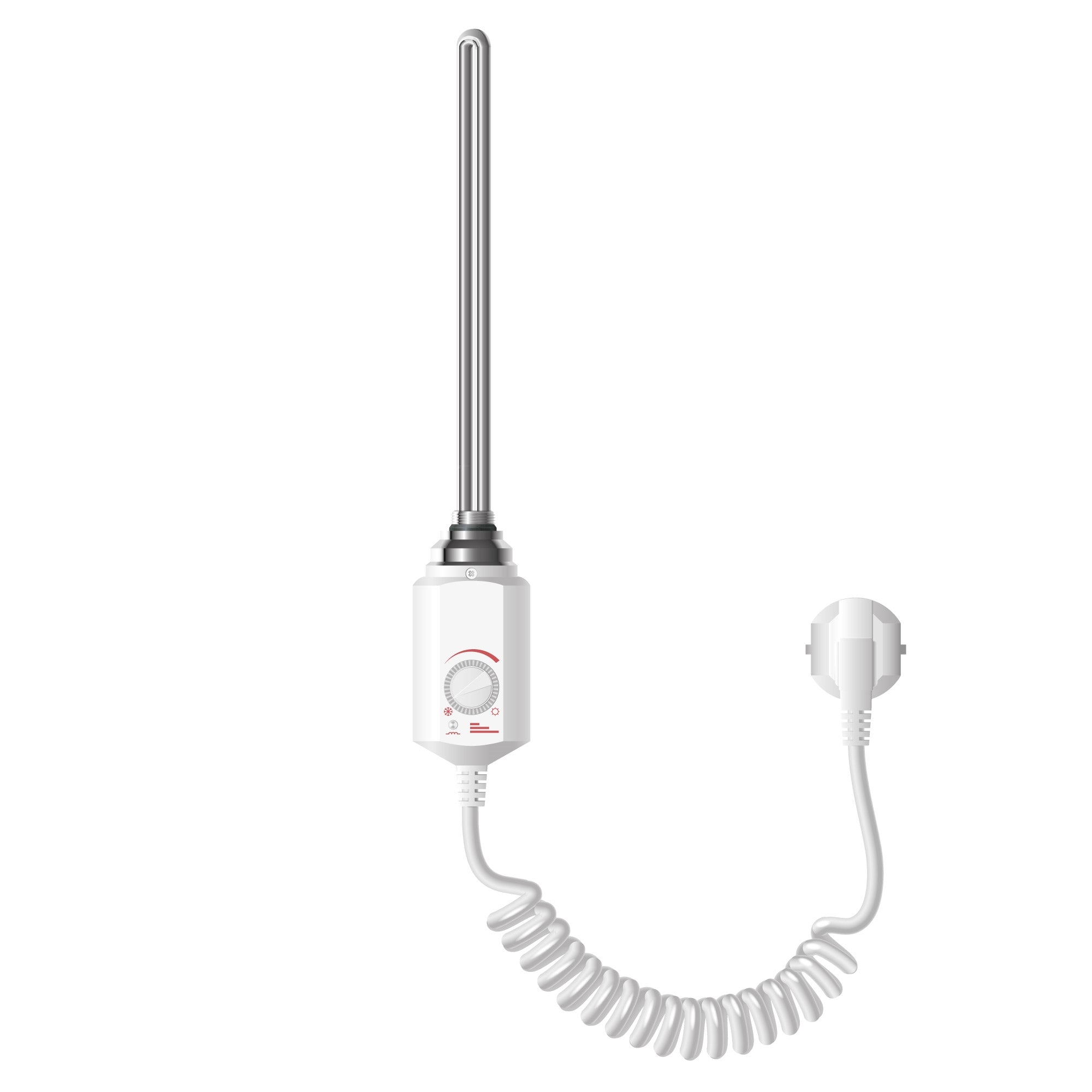 A heating element with a white housing and a spiral cable.