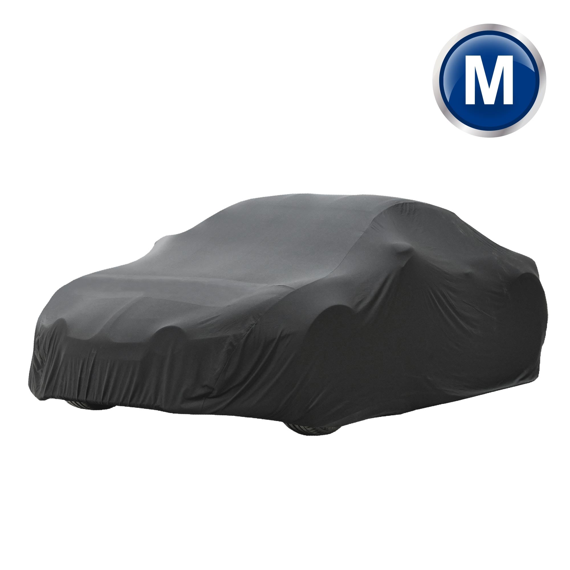 Une voiture recouverte d'une housse noire, avec symbole M.