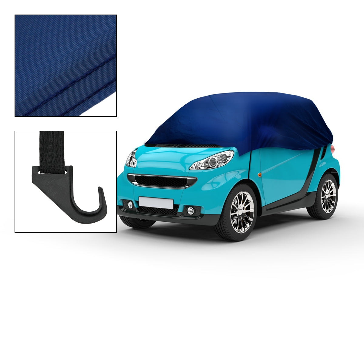 Copertura auto blu su una piccola auto con ganci per il fissaggio.