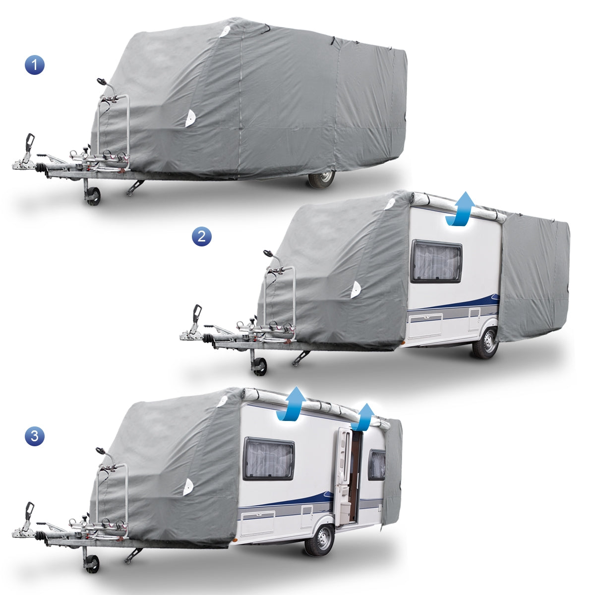 Caravan con una copertura che viene montata in tre fasi.