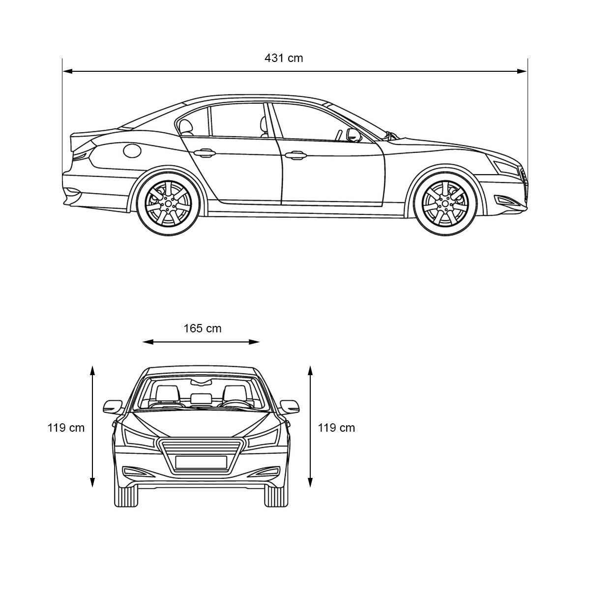 Boční pohled na auto s rozměry 431 cm délky a 165 cm šířky.