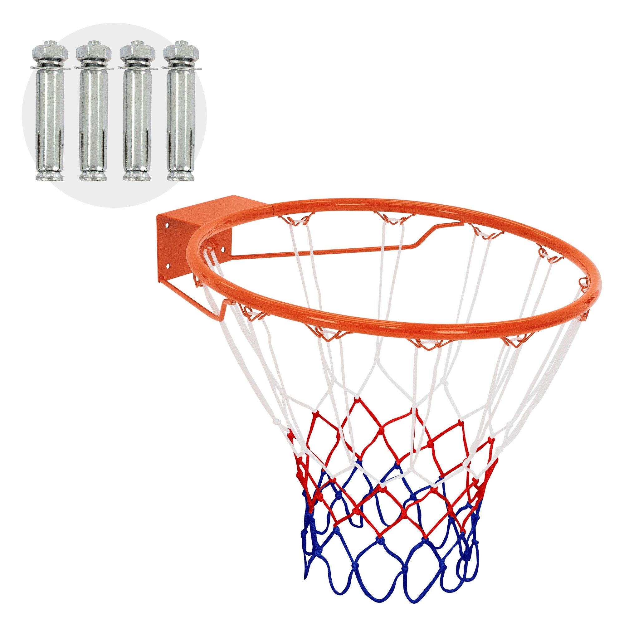 Canestro da basket con bordatura arancione e rete in rosso e blu.