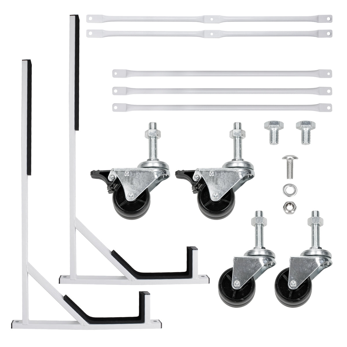 Accesorios con ruedas, soportes y tornillos sobre fondo blanco.