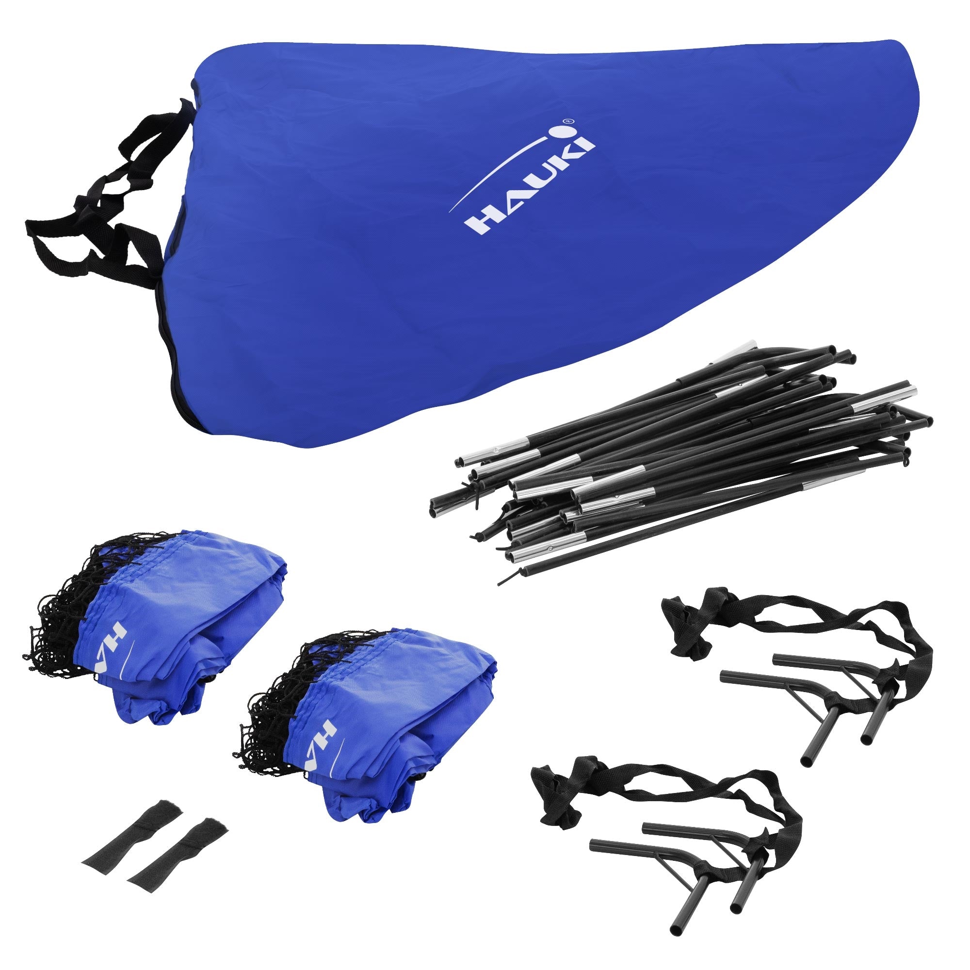 Accessoires voor het opzetten van een sportapparaat in een blauwe draagtas.