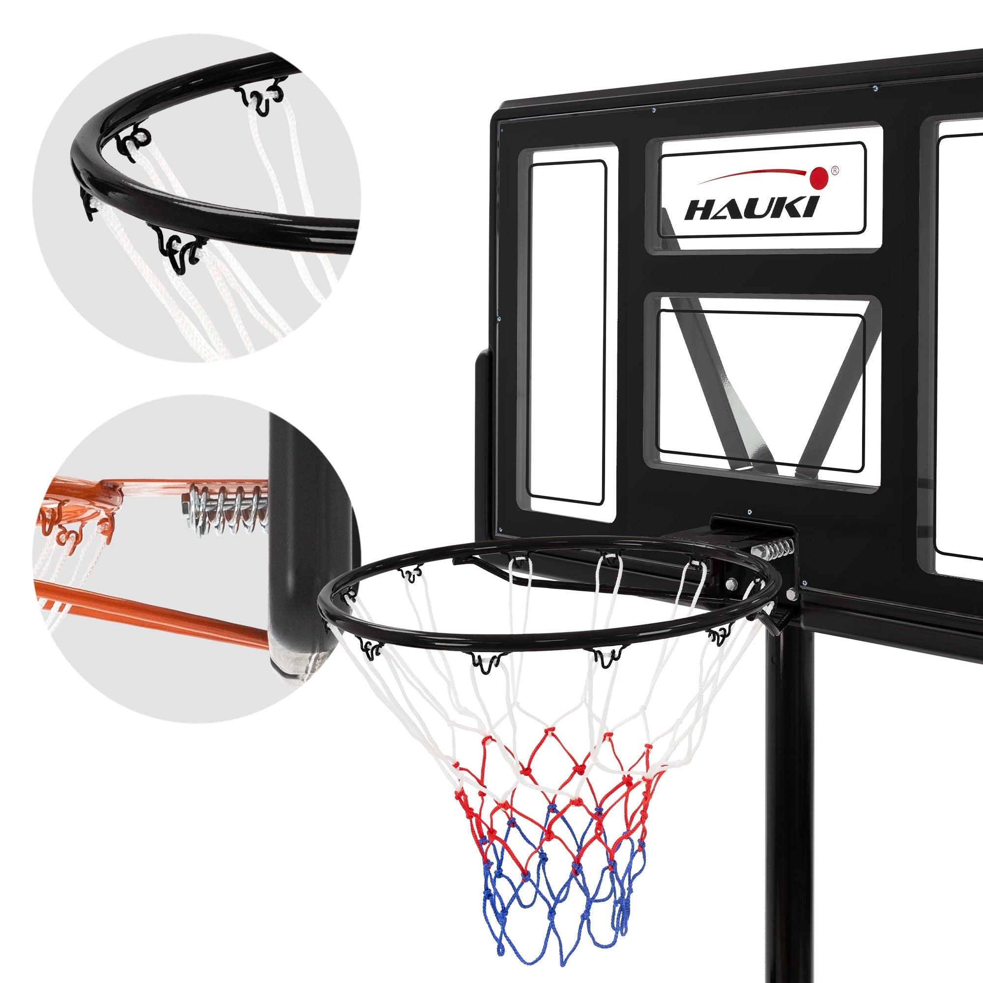 Vue détaillée du panier de basket en noir avec un anneau orange.