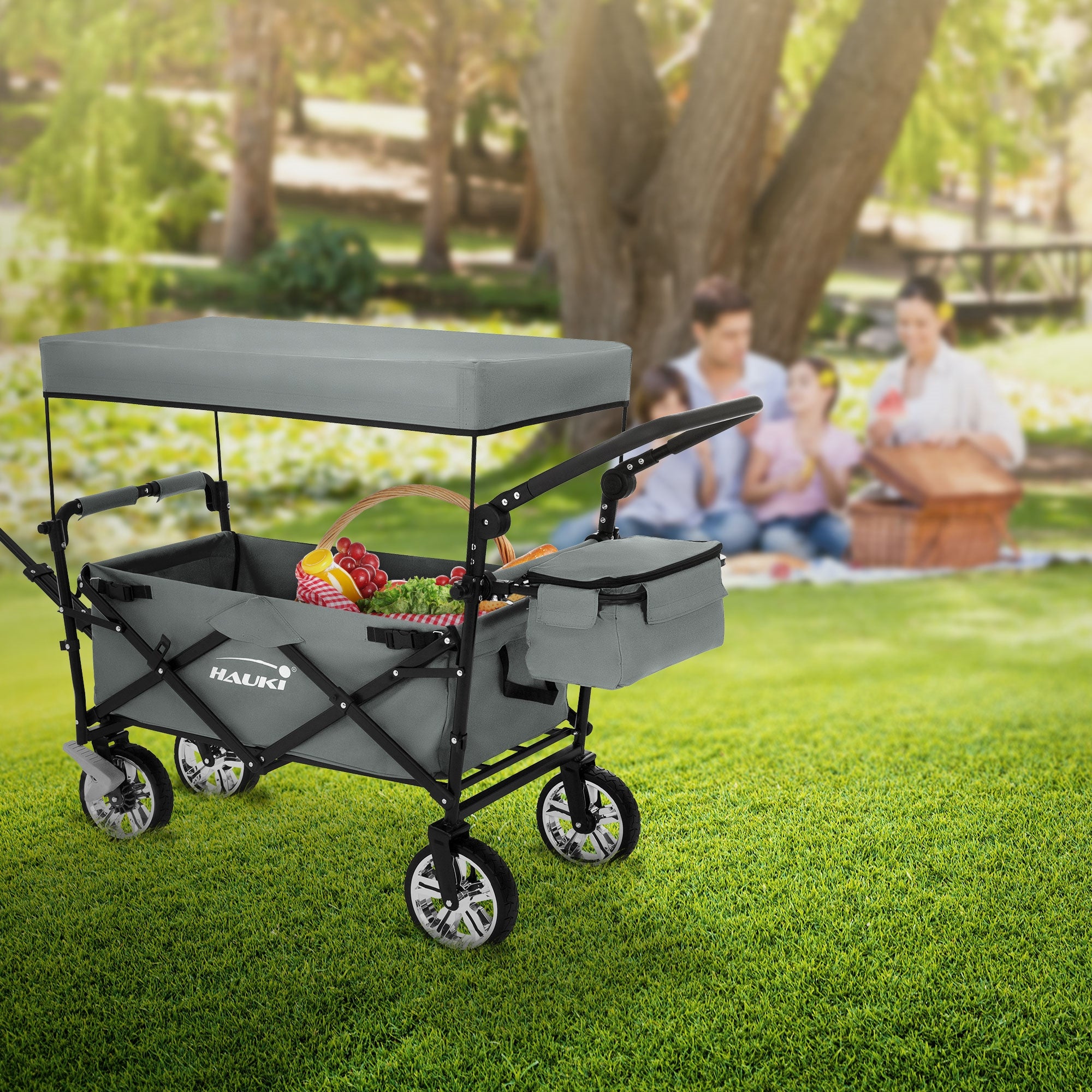 Poussette avec un panier de fruits dans le parc, famille en arrière-plan en train de pique-niquer.