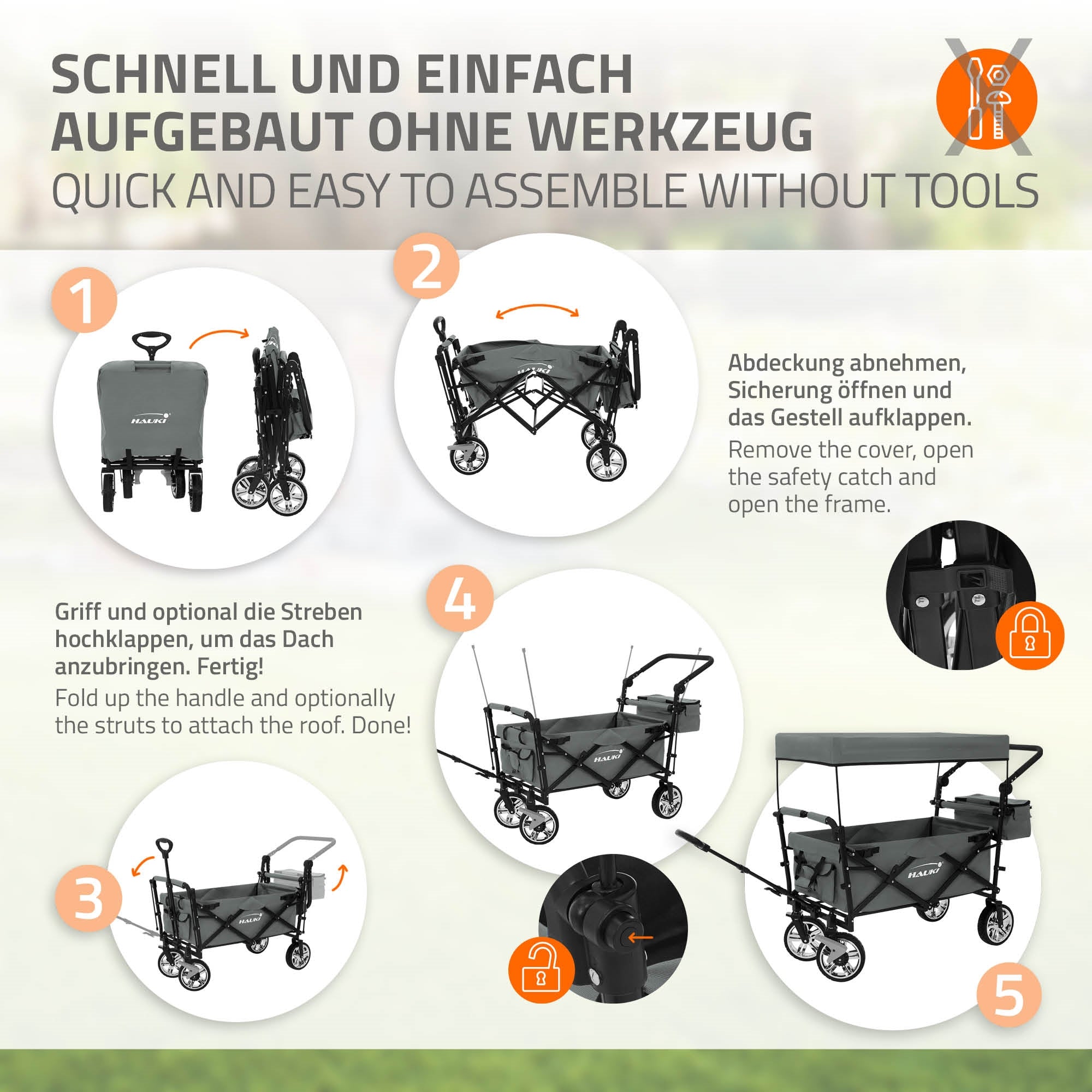 Instructions pour assembler une poussette sans outils.