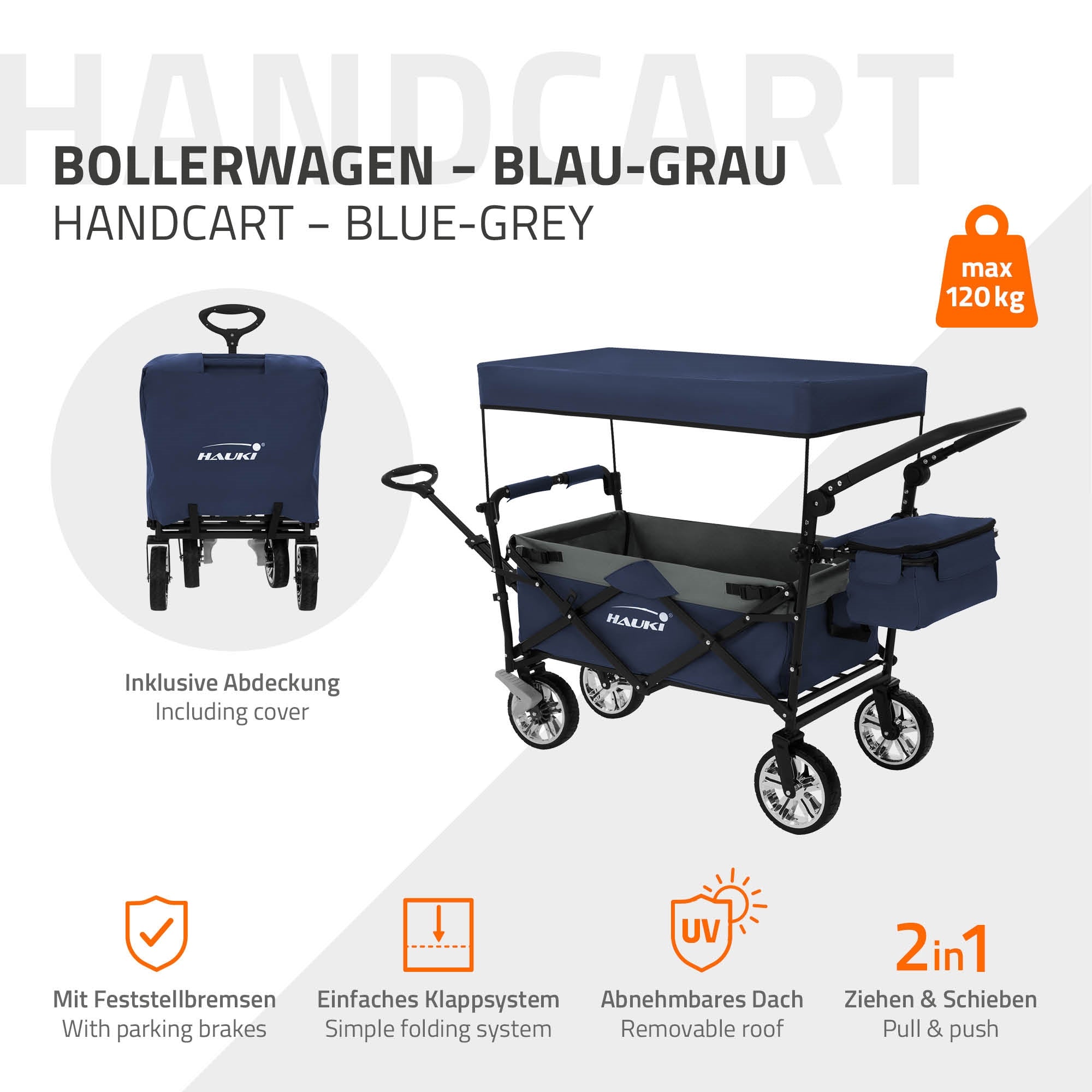 Bollerwagen in blau-grau mit Abdeckung und Klappmechanismus.