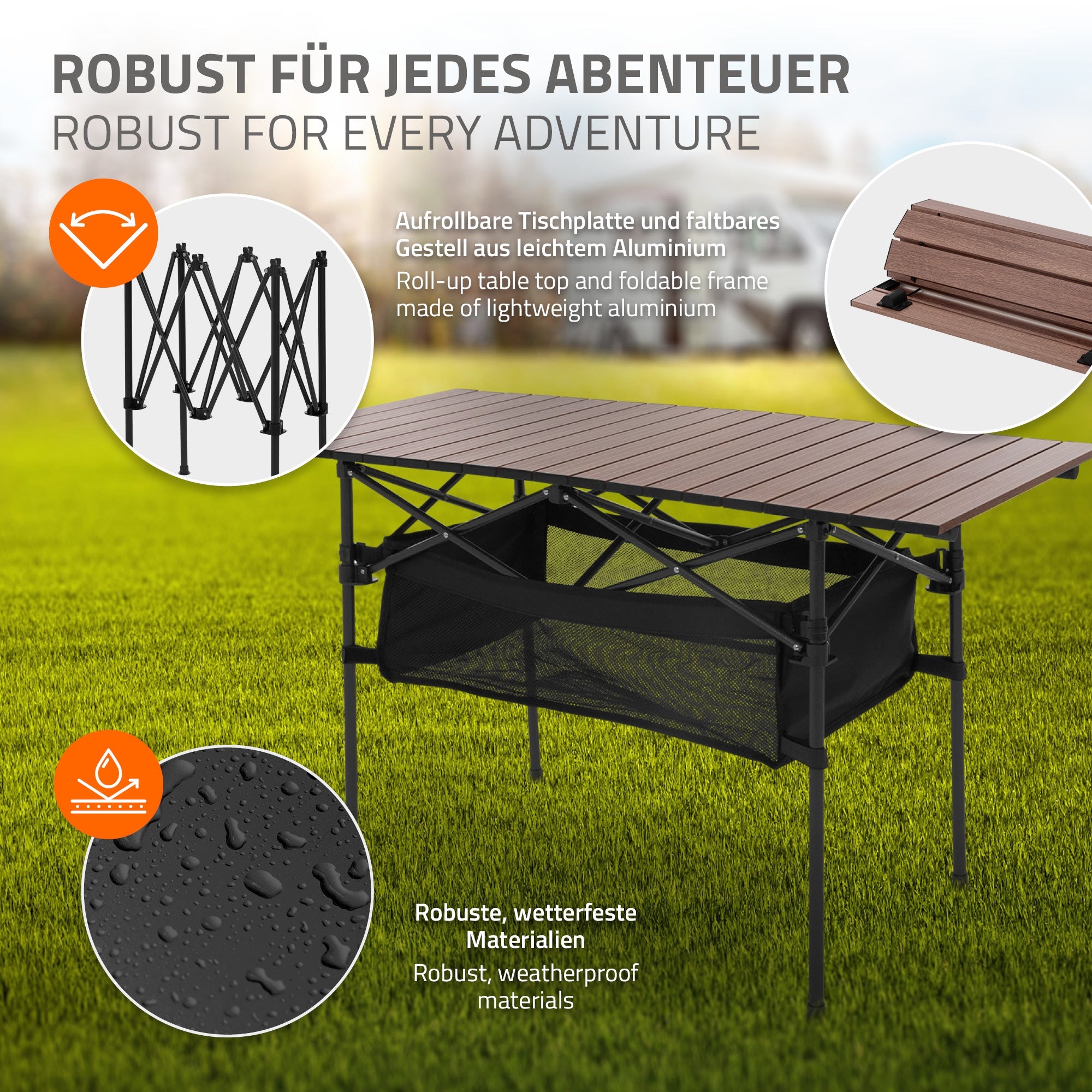 Faltbarer Tisch mit Aluminiumgestell und wetterfester Tischplatte.