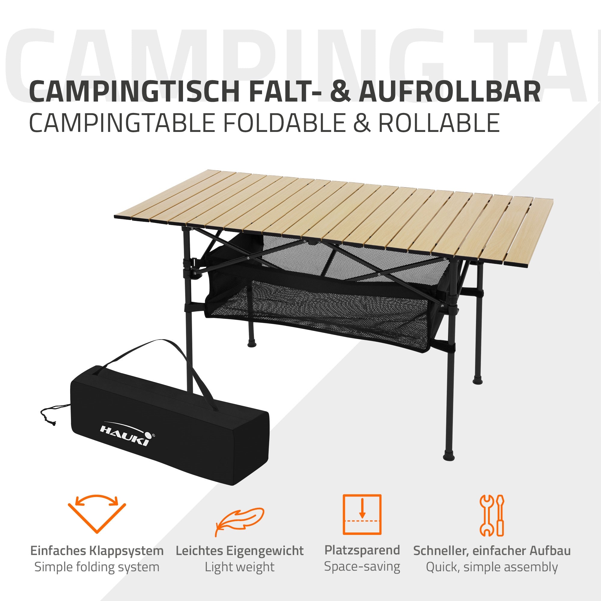 Table de camping pliante avec plateau en bois et espace de rangement.