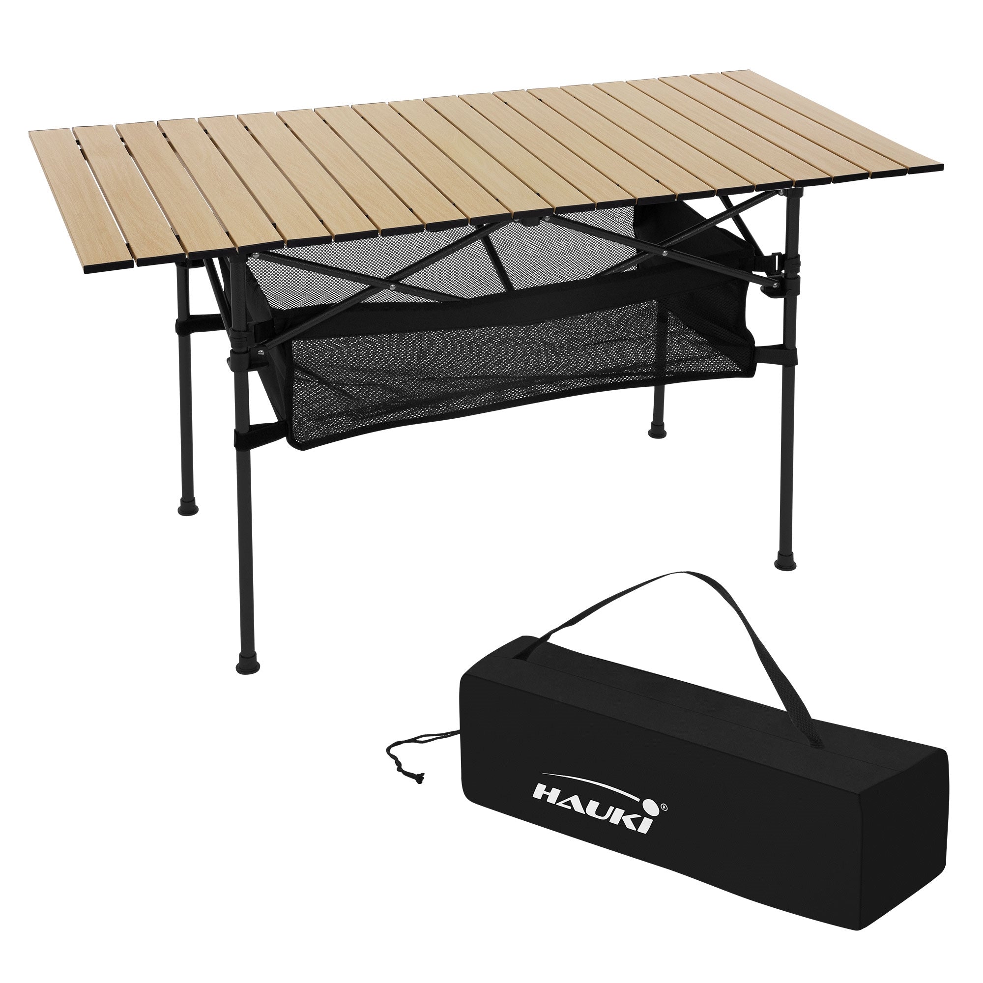 Table de camping pliante et sac de transport en noir.