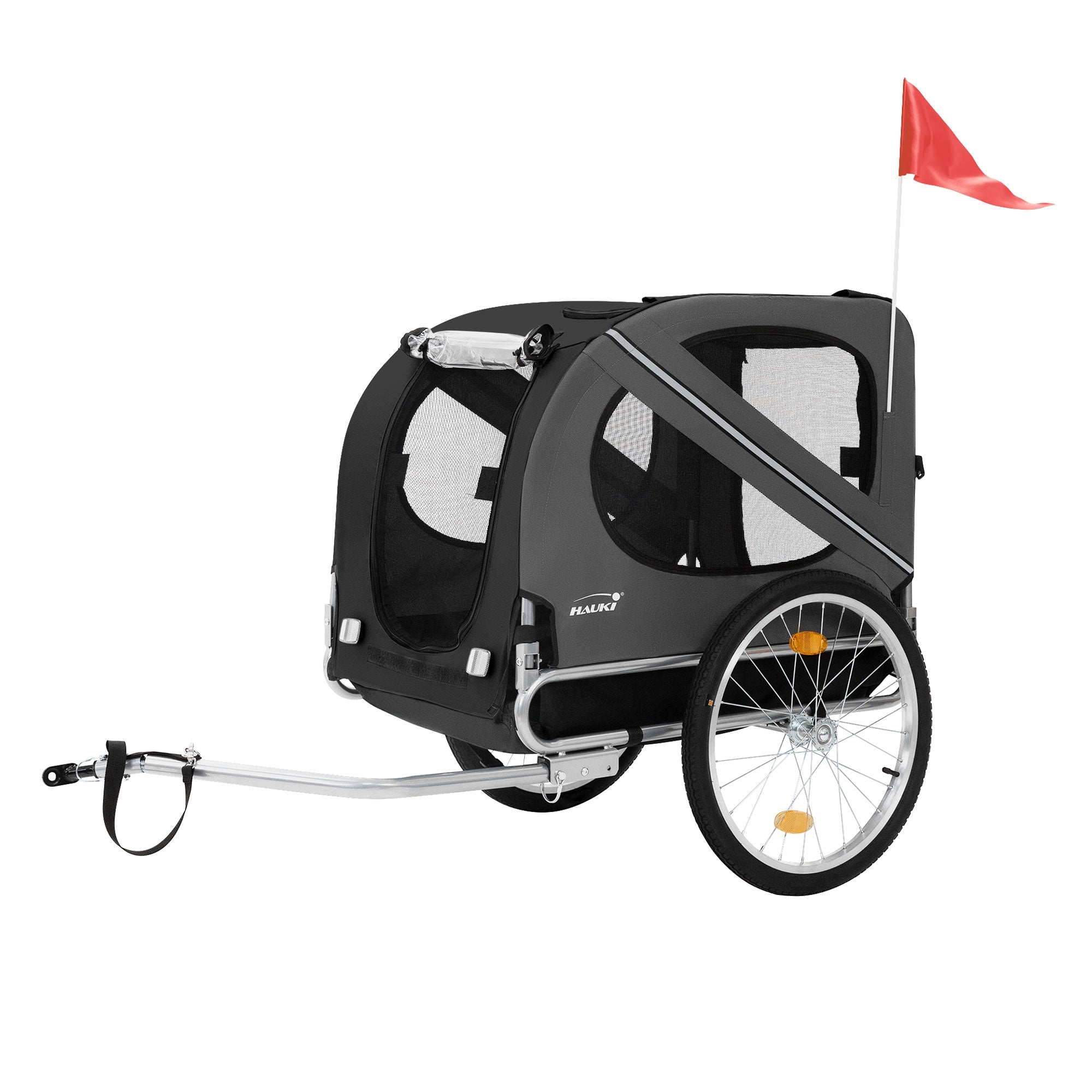 Rimorchio per bicicletta nero con bandiera rossa, vista laterale.